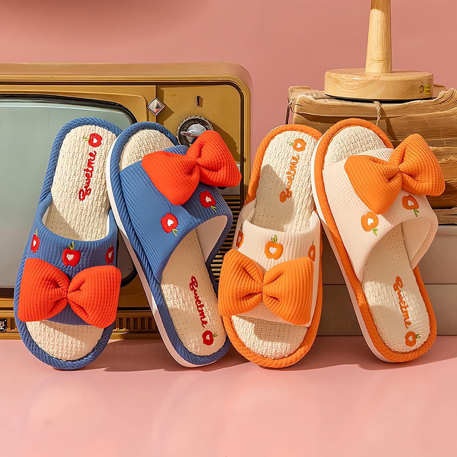 Comfortable Linen Slippers with Cute Bow & Non-Slip Thick Sole - Cozy Home Footwear for Women, Perfect for Indoor Relaxation and Lounging