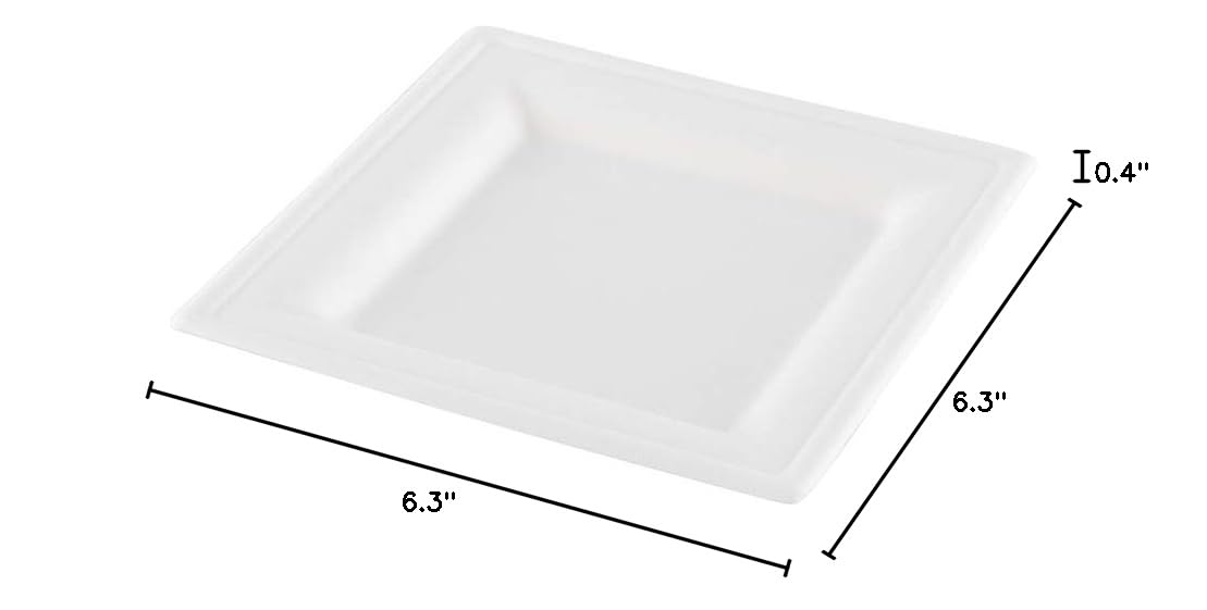 Eco-Friendly 6.3 Inch Square Bagasse Plates - 100 Pack Heavy-Duty White Disposable Plates Made from Sugarcane Fibers | Perfect for Appetizers, Desserts, Parties & Catering Events