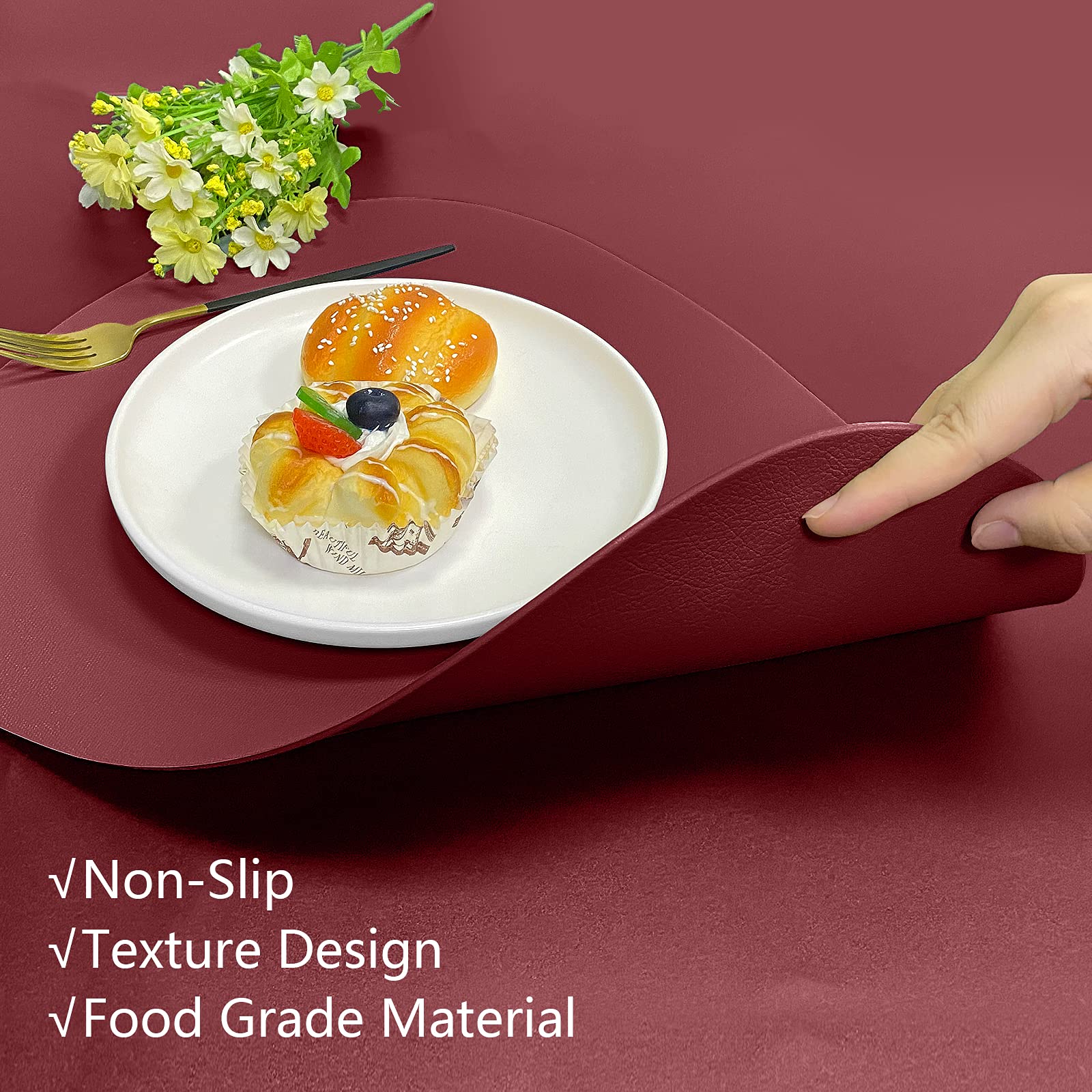 Herda Round Faux Leather Placemats Set of 6 - Wipeable, Washable & Heat Resistant for Kitchen, Dining Table, Patio - Indoor & Outdoor Use - Easy Clean Retro Burgundy Red Placemats for Everyday Meals & Entertaining