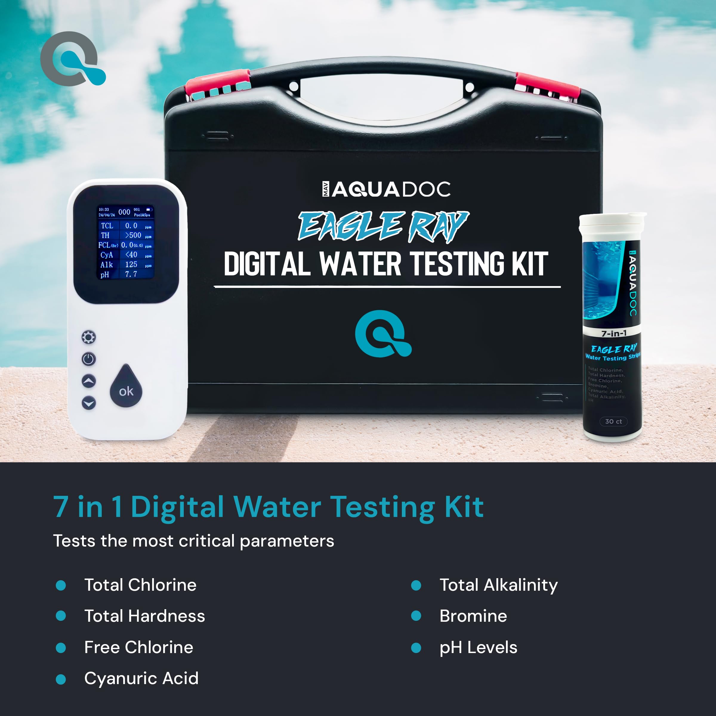 **AquaDoc Digital Water Testing Kit - Accurate Pool & Hot Tub Water Tester for Chlorine, pH, Alkalinity | Includes Water Analyzer & Test Strips | Ideal for Home Pools, Spas & Maintenance**