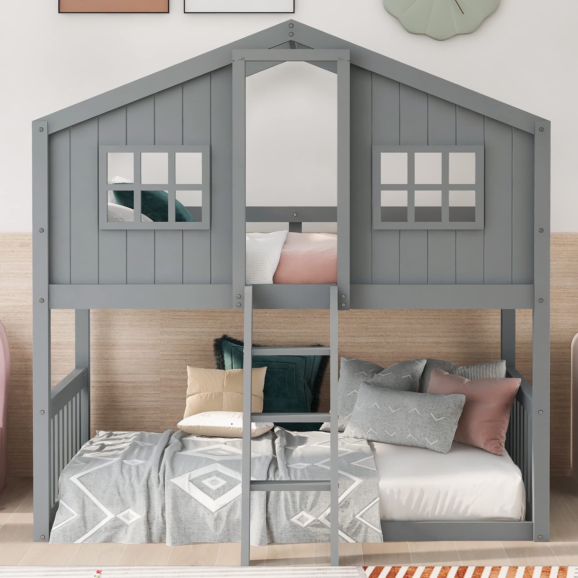 P PURLOVE Twin Over Twin Bunk Bed with Ladder & Guardrail - Low House Style Wooden Bunk Bed Frame with Roof & Window - Space Saving Kids Bed for Teens, Girls & Boys in Gray - Perfect for Small Bedrooms, Shared Kids Rooms & Vacation Homes