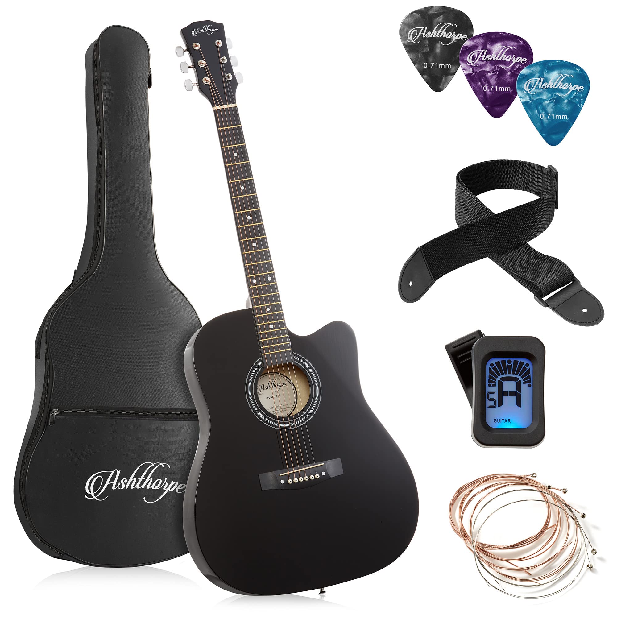 Ashthorpe 41-Inch Full Size Cutaway Acoustic Guitar Starter Kit for Beginners - Black with Gig Bag, Strings, Strap, Tuner & Picks - Perfect for Learning, Practice & Live Performances