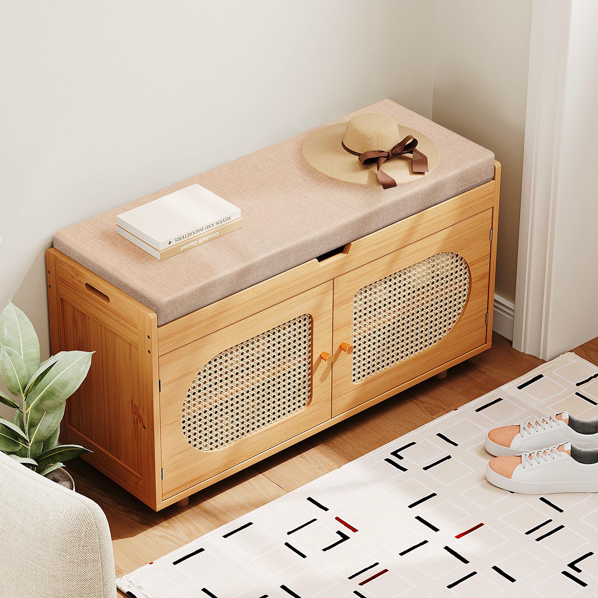 Rattan Shoe Storage Bench - Entryway Organizer with Bamboo Shoe Cabinet, Brown | Space-Saving Shoe Rack for Hallway, Bedroom & Mudroom Organization