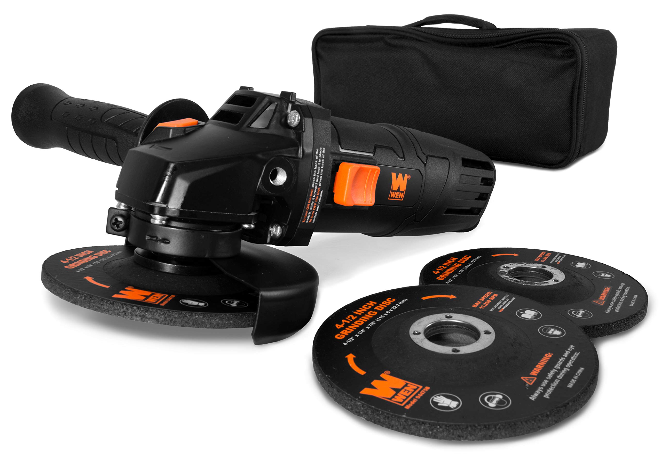 WEN 94475 7.5-Amp 4-1/2-Inch Angle Grinder with Reversible Handle, 3 Grinding Discs & Carrying Case - Black & Orange - Perfect for Metal Cutting, Grinding & Polishing in Construction & DIY Projects