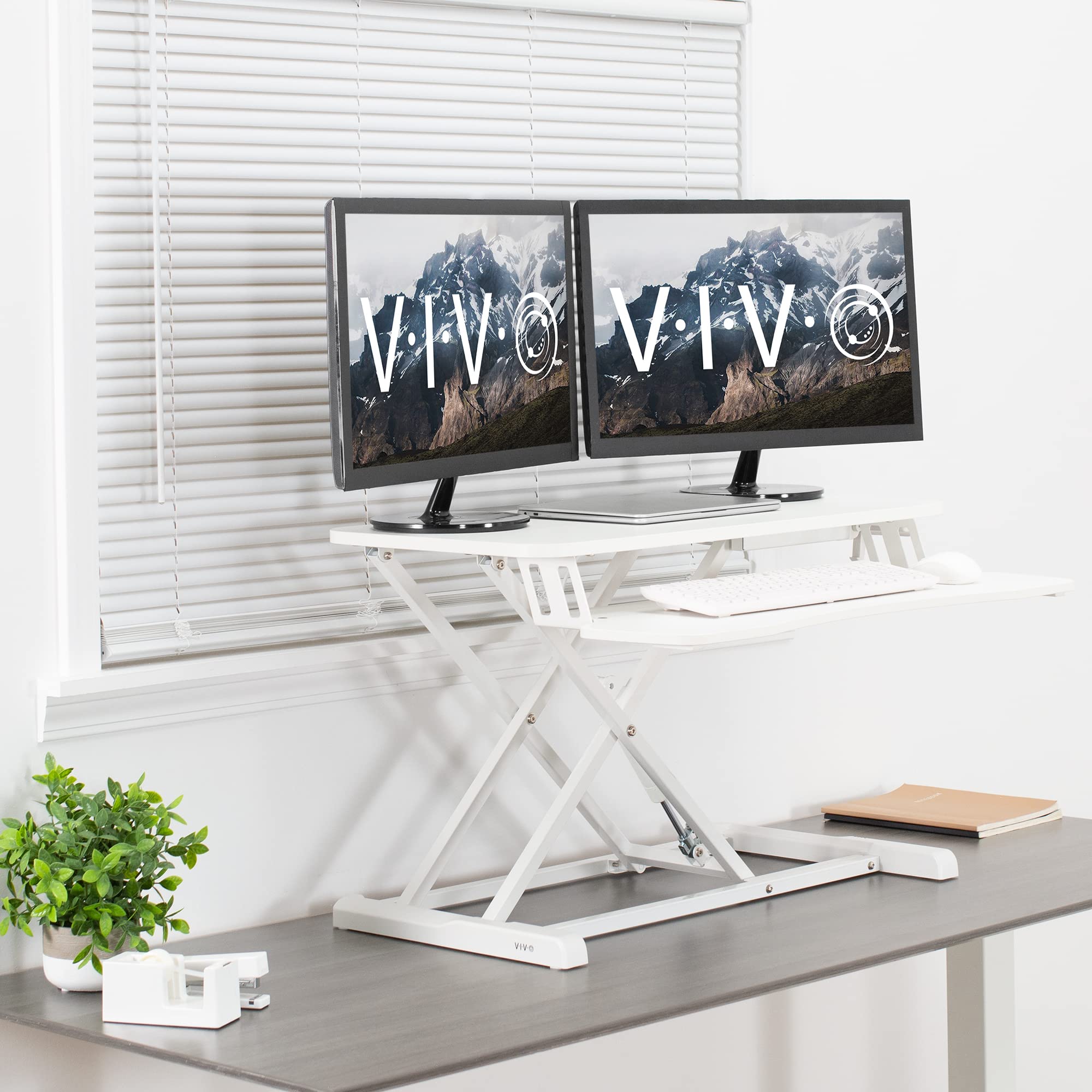 VIVO K Series 32 Inch Height Adjustable Sit Stand Desk Converter - Dual Monitor & Laptop Workstation with Wide Keyboard Tray, White (DESK-V000KW) for Home Office & Ergonomic Workspace Setup