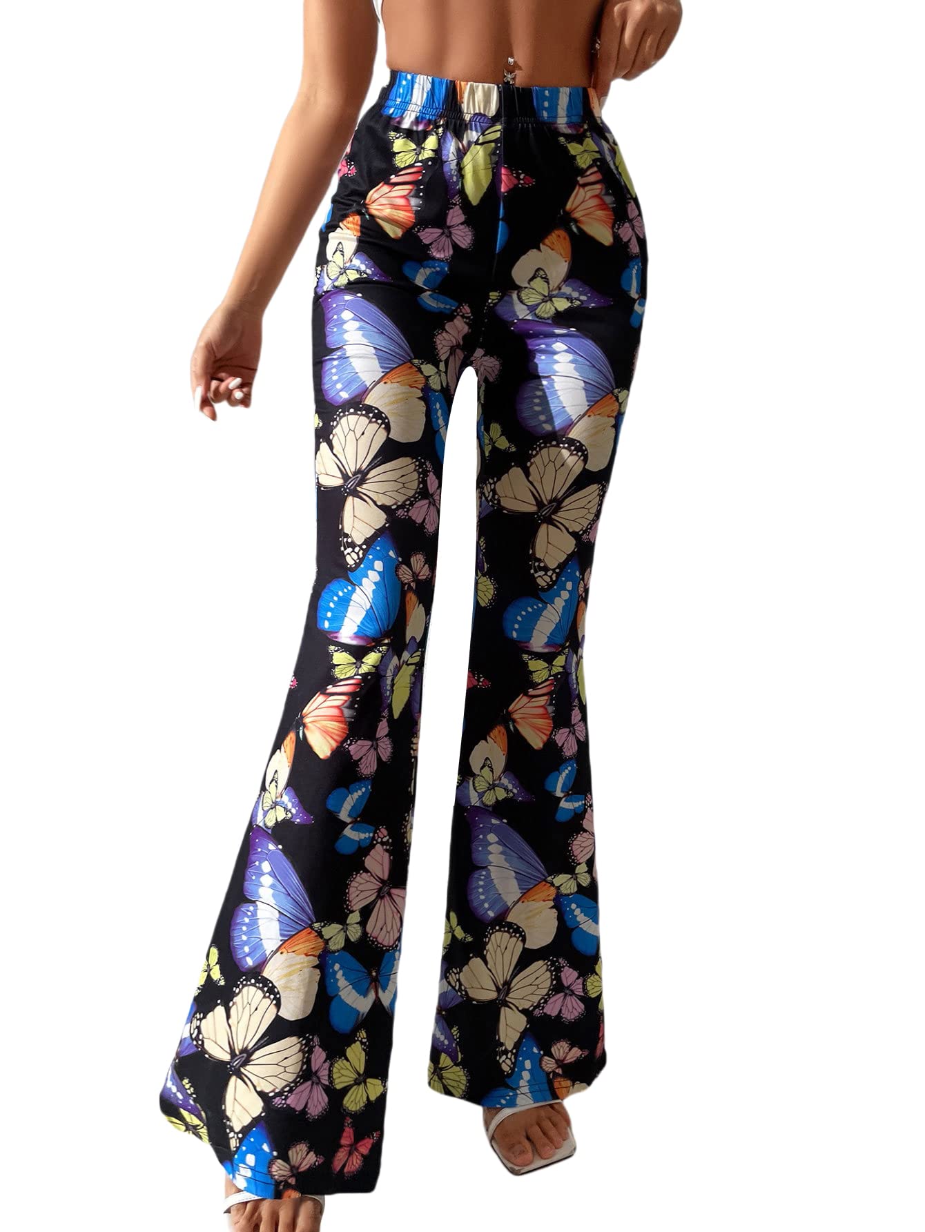 WDIRARA Women's Floral Print Stretchy Elastic Waist Flare Leg Pants - Comfortable Casual Long Pants for Work, Travel & Everyday Wear