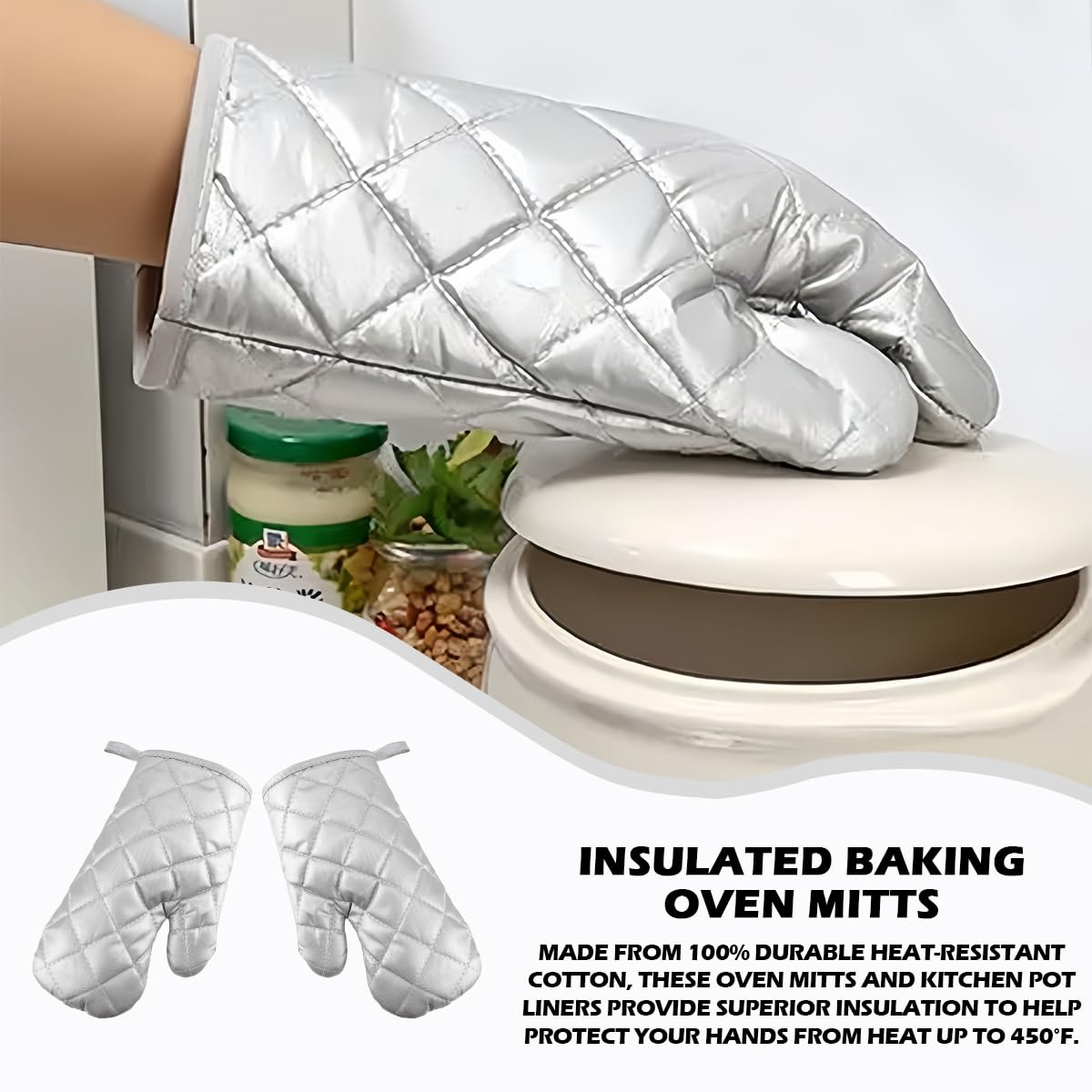 4Pcs Heat Resistant Oven Mitts & Pot Holders Set - Cotton Kitchen Gloves for Baking, Cooking, BBQ & Microwave Use - Silver Adult Size for Safe Food Handling & Hot Dish Protection