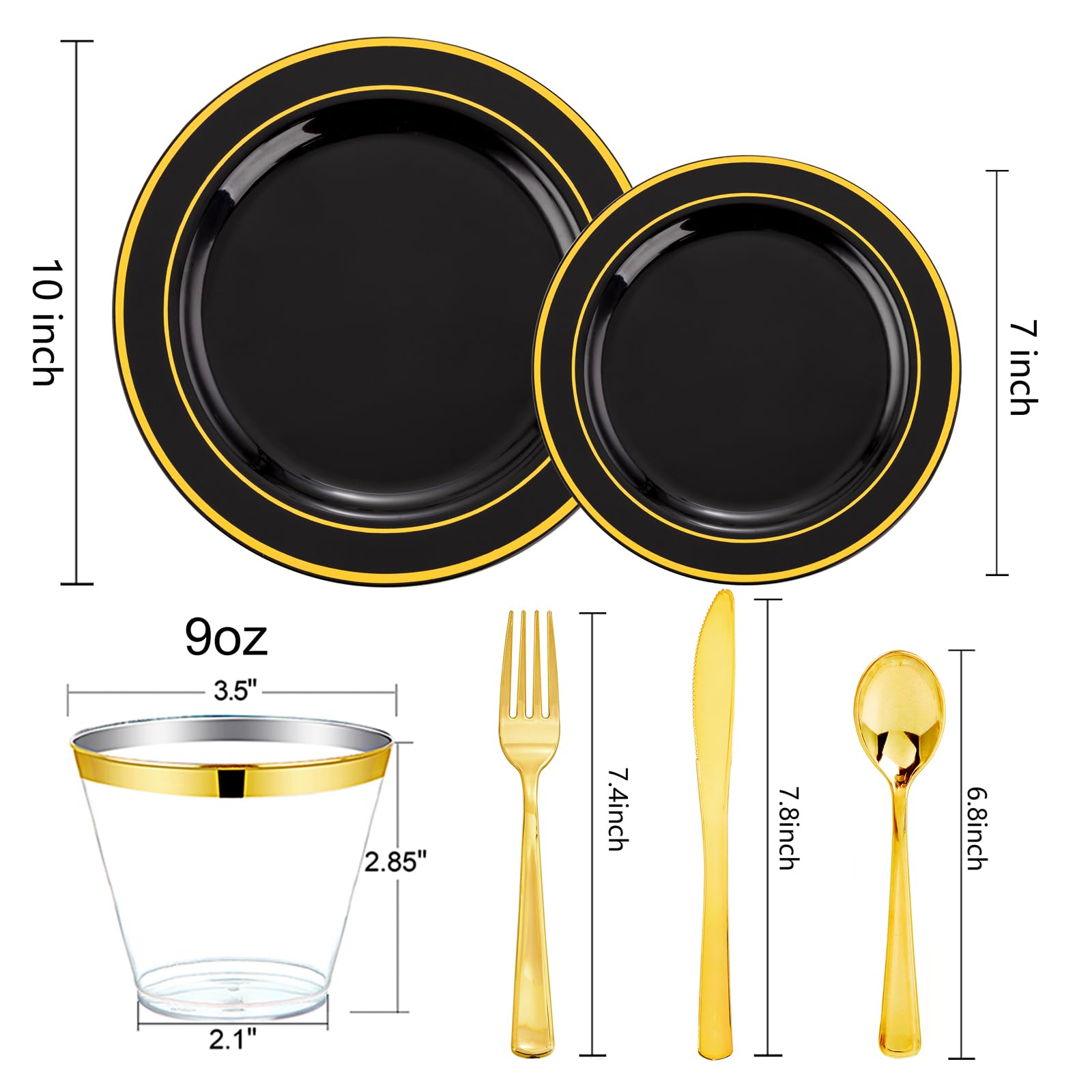 600-Piece Black and Gold Disposable Dinnerware Set - 100 Plastic Plates, 100 Dessert Plates, 100 Forks, 100 Knives, 100 Spoons & 100 Cups - Elegant Party Tableware for Weddings, Birthdays, Graduations and Special Events