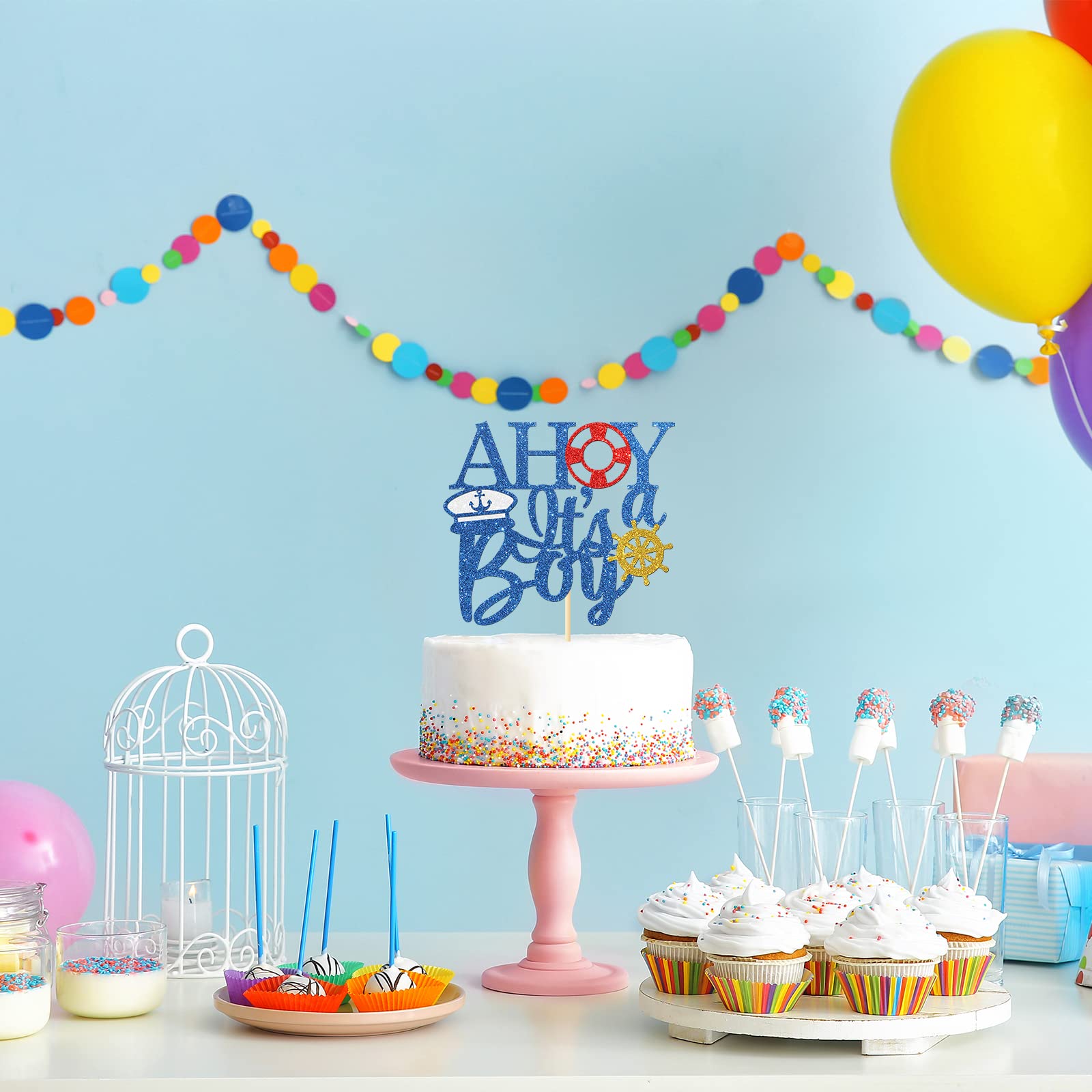 Nautical Ahoy It's a Boy Cake Topper - Blue Glitter Baby Gender Reveal & 1st Birthday Party Decorations | Perfect for Baby Showers, Welcome Home Celebrations, and Nursery Decor