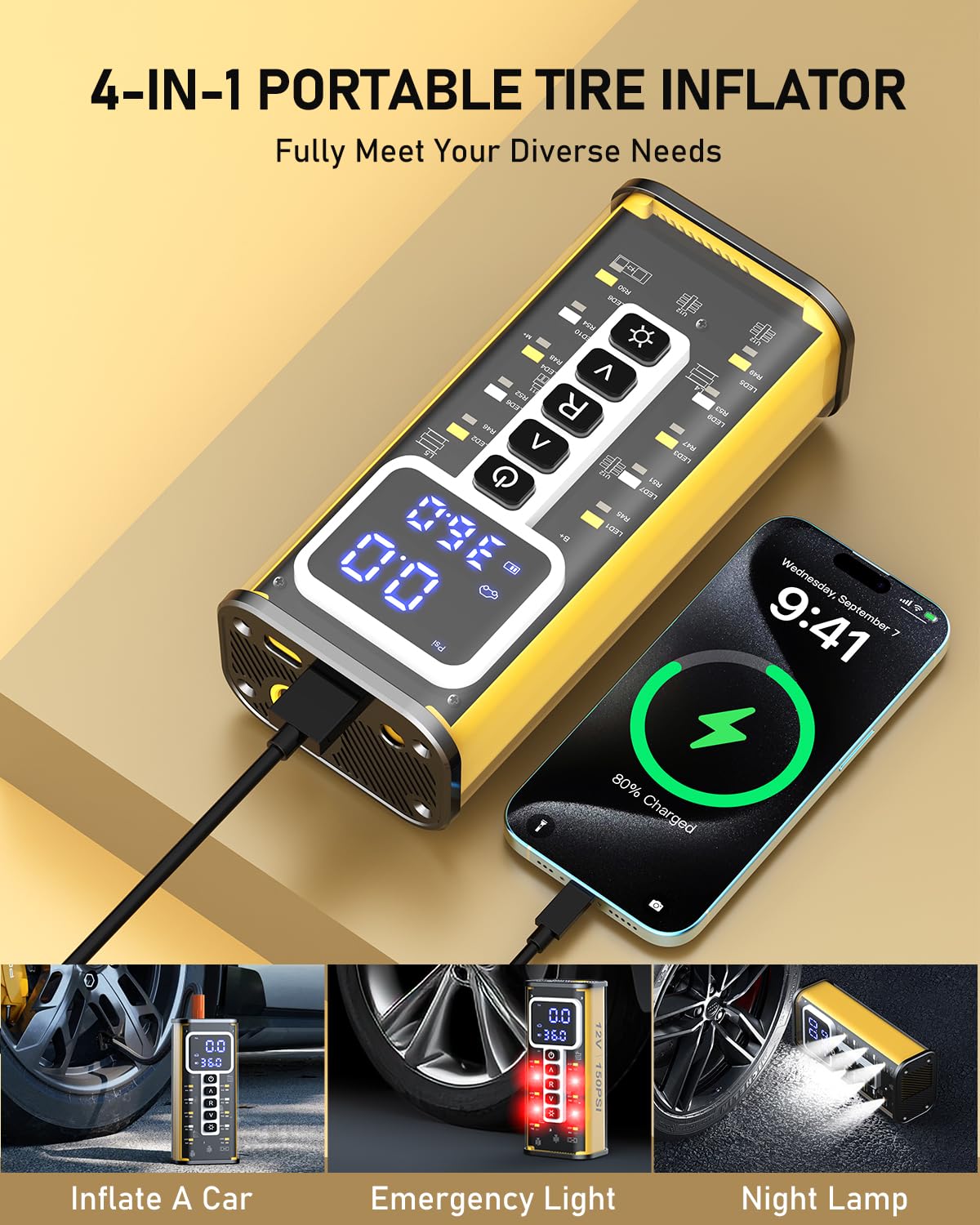 Portable Tire Inflator Air Compressor with 20000mAh Battery - Digital Pressure Gauge, Auto Shut-Off - Fast Inflation for Car, Bike, Motorcycle Tires & Sports Balls - Perfect for Road Trips, Emergency Use & Home Garage
