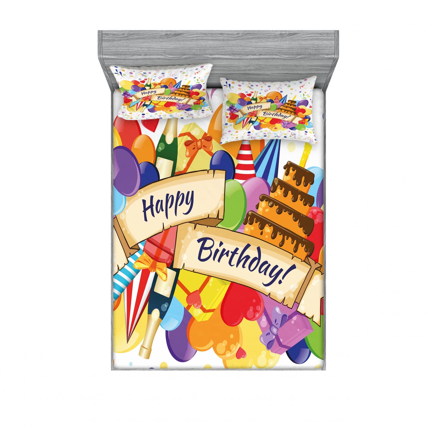 Ambesonne 2-Pack Queen Size Fitted Sheet Set with 4 Pillow Shams - Colorful Drinks Cake Balloons Pattern Bedding Decor for Home, Dorm, Guest Room - 4 Piece Multicolor Cotton Blend Sheet Set for Comfortable Sleep