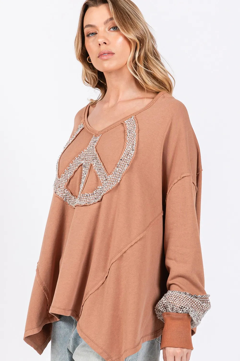 Boho Beachy Peace Sign Mineral Wash Terry Top - Soft & Comfortable Women's Casual Shirt for Summer, Vacation, and Music Festivals