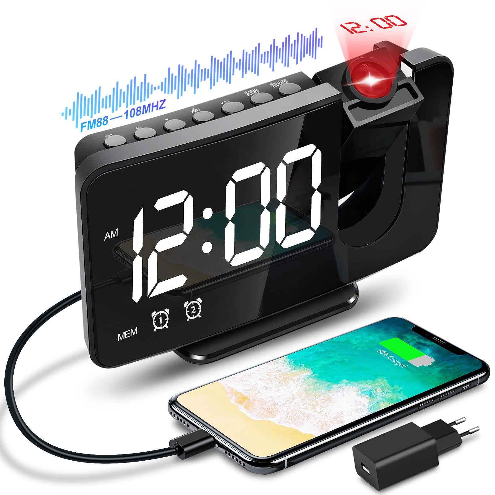 Anykuu Digital Alarm Clock Radio with 4 Adjustable Brightness Levels, 180° Viewing Angle & FM Radio | 12/24 Hour LED Display, USB Charging Port, Ceiling Projector & Snooze Function - Perfect for Bedrooms, Offices & Travel