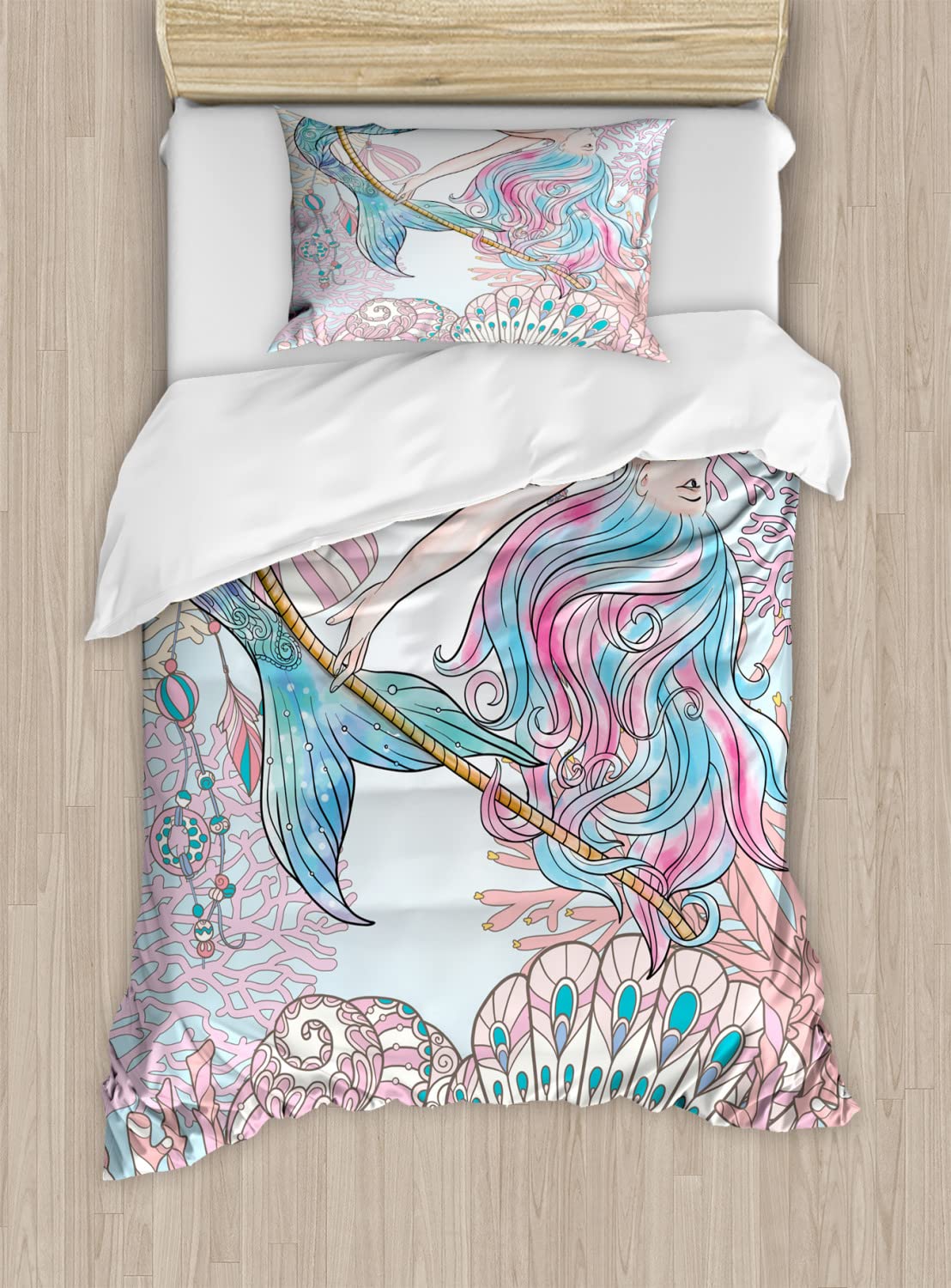Ambesonne Mermaid Duvet Cover Set - Greek Mythology Siren Queen with Fish Tail Design, 2-Piece Cal King Size Bedding Set with 4 Pillowcases, Pink - Perfect for Kids' Rooms, Beach Themed Bedrooms & Fantasy Decor