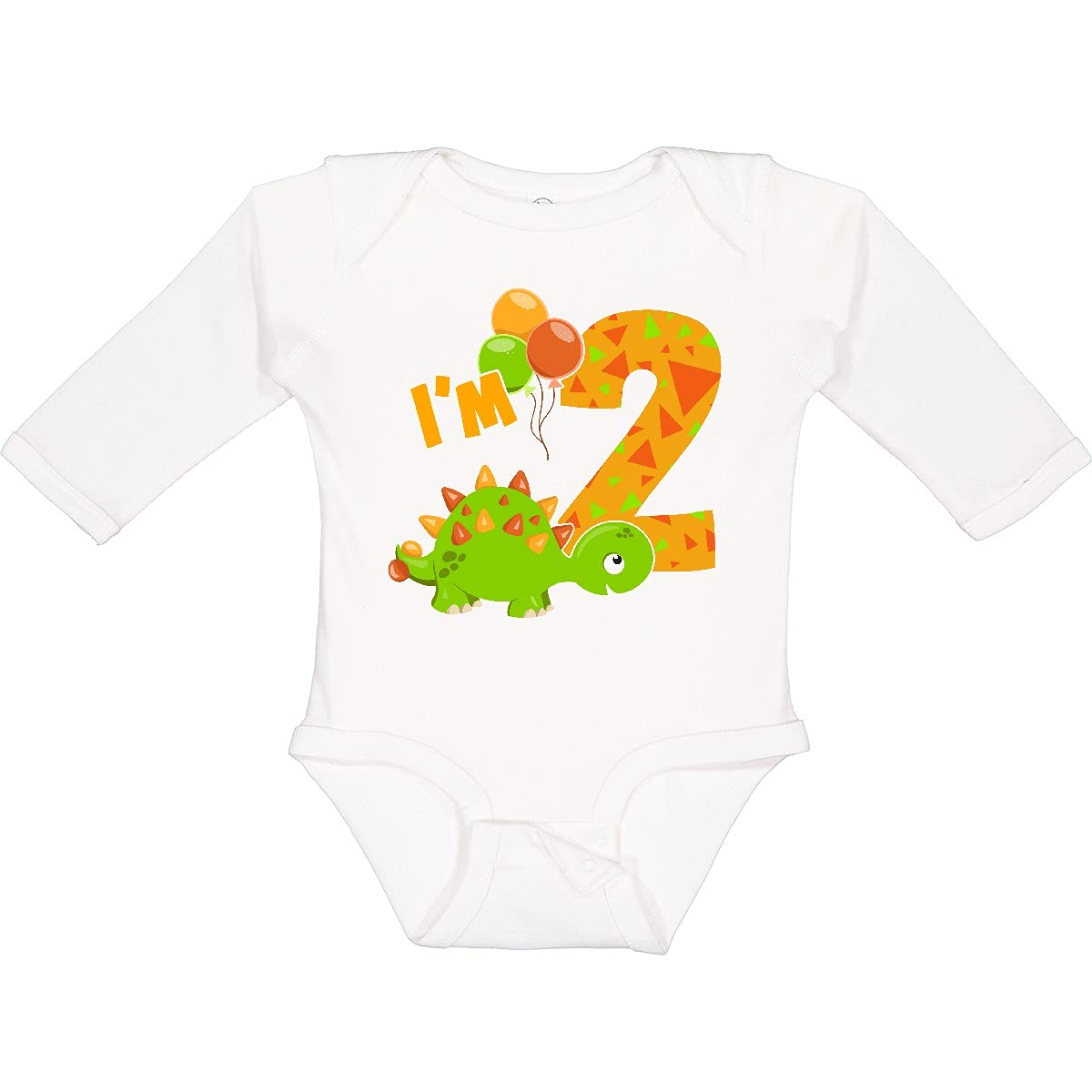 Inktastic Happy Dinosaur 2nd Birthday Green Long Sleeve Baby Romper - Cute Dino Outfit for Toddler Boys & Girls Birthday Party, Photo Shoot, Holiday Gift