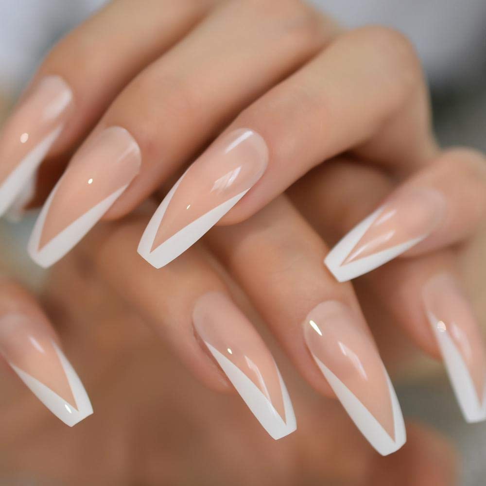 HUIL White French Ballerina Fake Nails - Natural Nude Glossy Coffin False Nail Tips with Free Adhesive Tapes for Salon, Party & Special Occasions | Easy DIY Manicure at Home