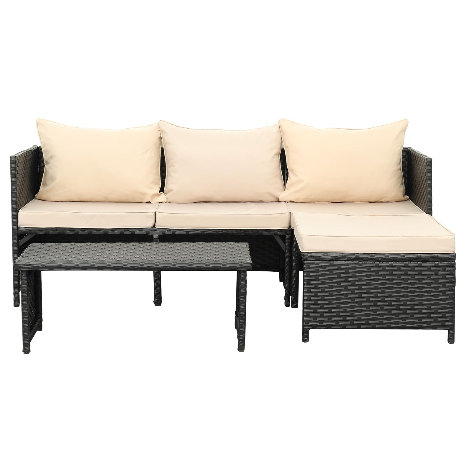 Valita 3-Piece Outdoor PE Rattan Furniture Set - Black Wicker Patio Conversation Sofa with Khaki Cushions | Weather-Resistant PE Rattan Loveseat & Sectional Couch for Garden, Poolside, and Backyard Relaxation