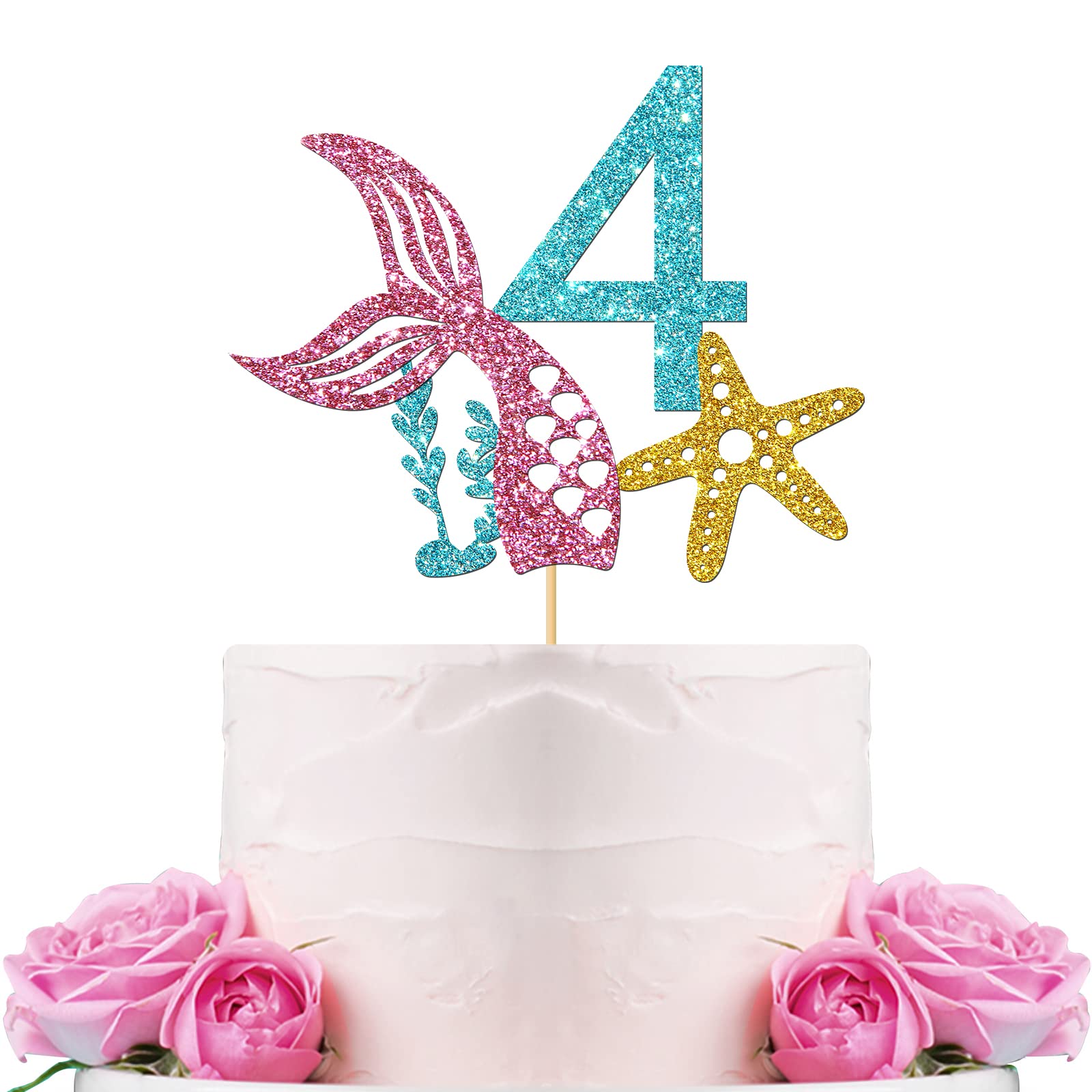Mermaid & Octopus 4th Birthday Cake Topper - Under The Sea Party Decorations for Girls | Ocean Theme 4th Birthday Party Supplies | Perfect for Beach Themed Cakes & Underwater Decor