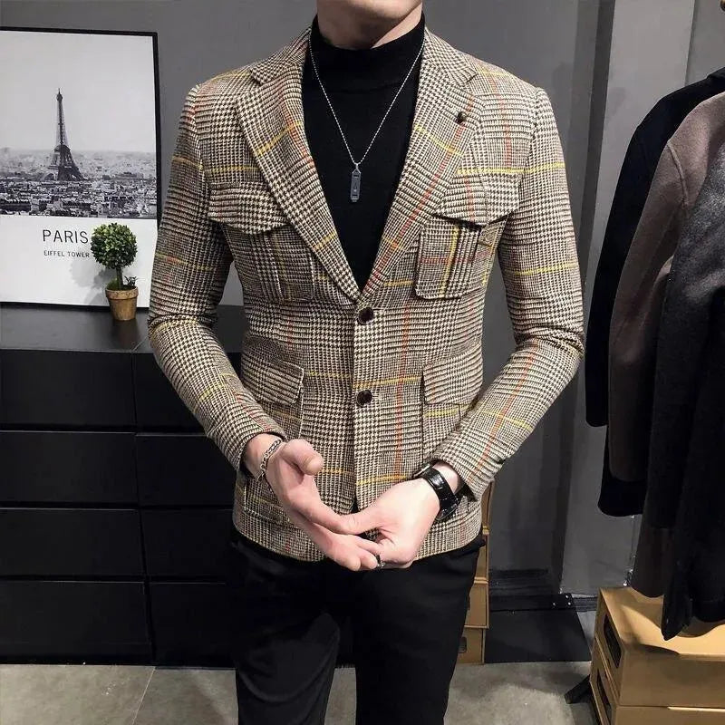 Stylish Men's Plaid Houndstooth Blazer Jacket - Formal & Business Attire for Office, Weddings & Special Occasions