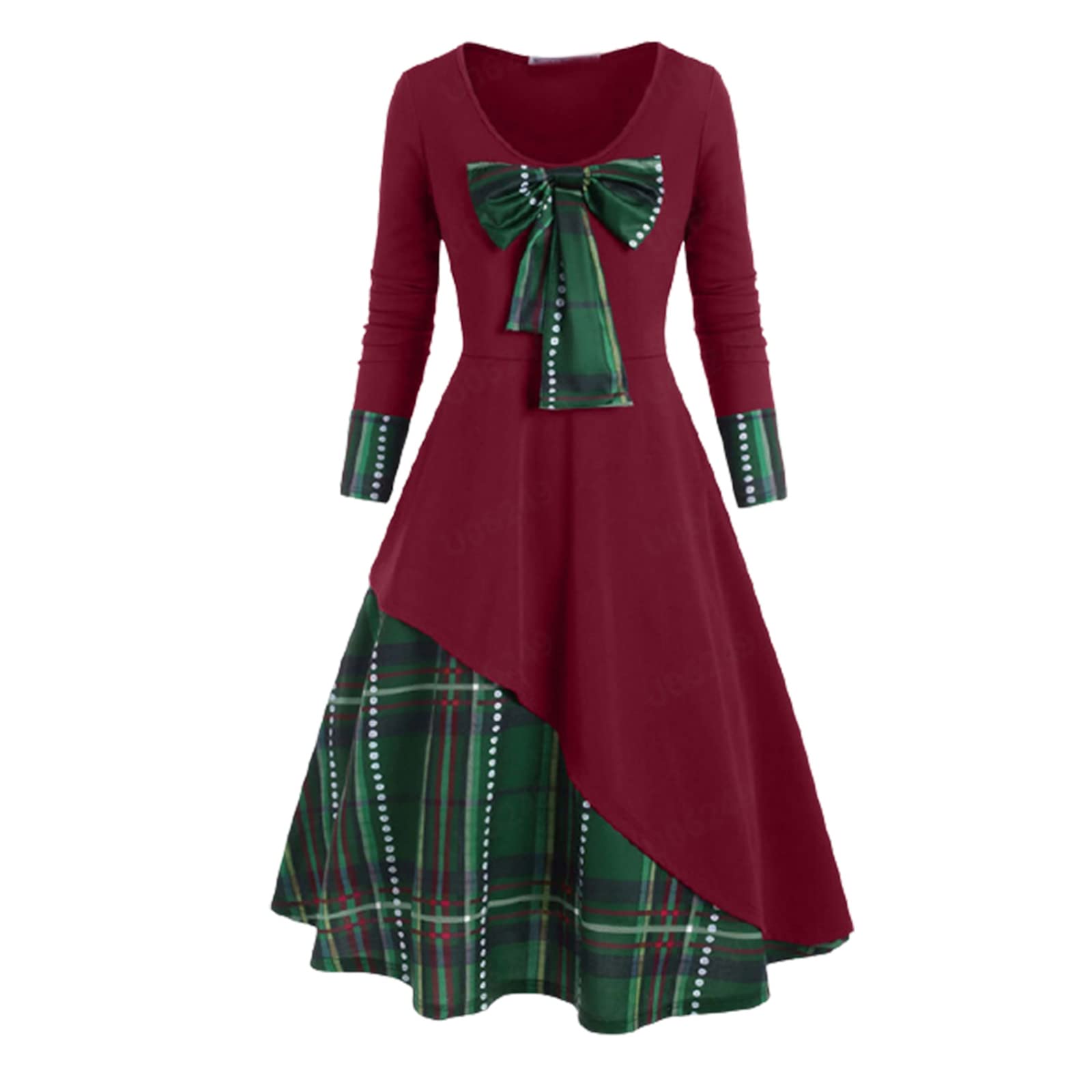 Vintage Plaid Patchwork A-Line Christmas Dress for Women - Elegant Bowknot Swing Maxi Party Dress with Flare Skirt | Perfect for Holiday Parties, Christmas Gatherings & Special Occasions