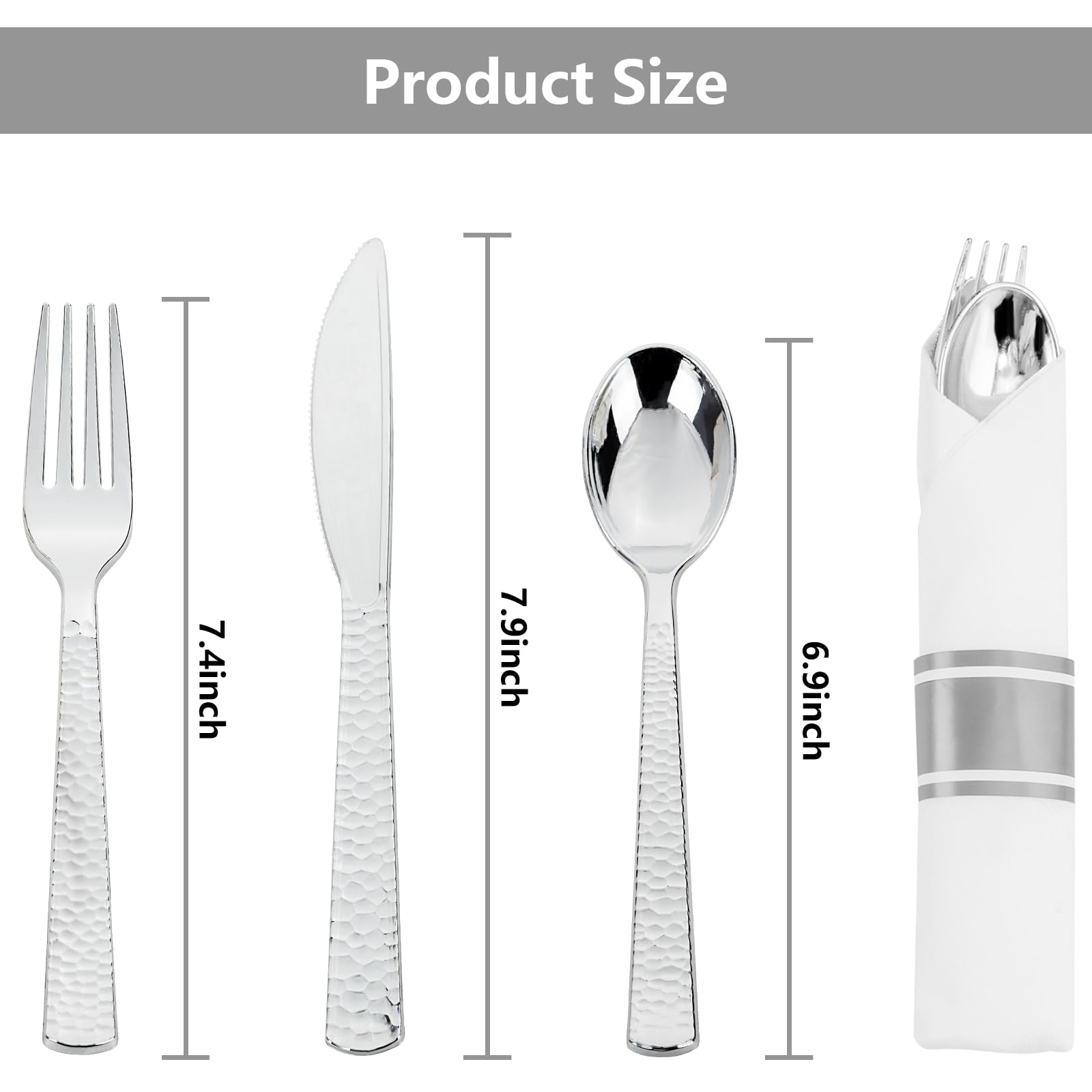 WELLIFE 50-Piece Silver Plastic Cutlery Set with Pre-Rolled Napkins - Includes 50 Forks, 50 Knives & 50 Spoons - Heavy Duty Disposable Utensils for Parties, Picnics, Catering & Events