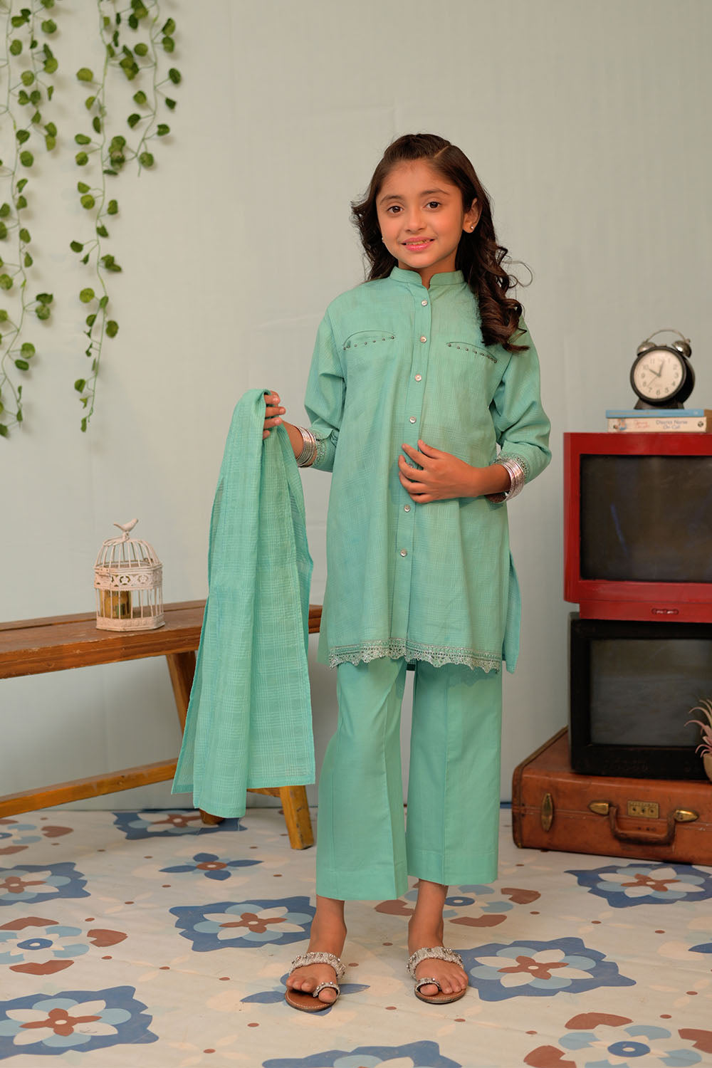 Premium Cotton Dobby Self Ferozi Embroidered Suit for Women | Elegant Stitched Senorita Outfit | Perfect for Parties, Weddings & Special Occasions