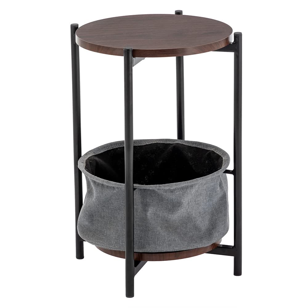 Kepooman Double-Layer Round Side Table with Black Fabric Storage Basket - Modern End Table for Living Room, Bedroom, Nursery (Brown) | Perfect for Storing Magazines, Remote Controls, and Home Decor