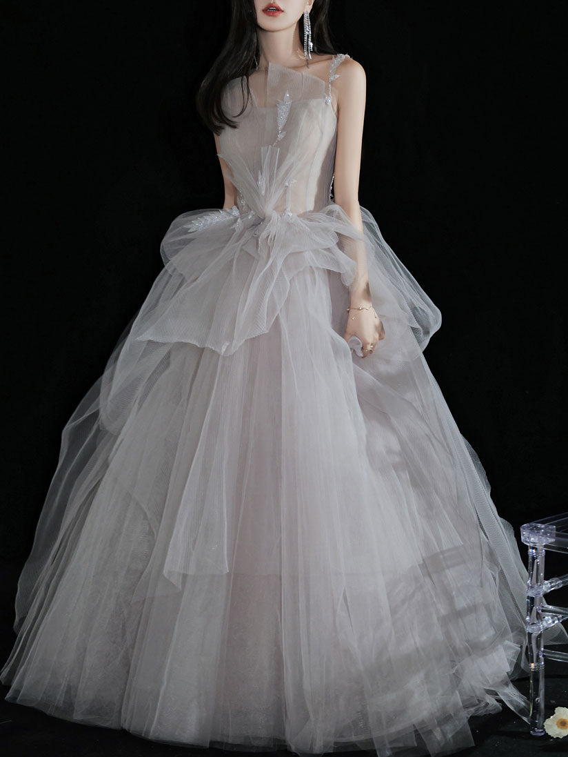 Elegant Light Gray Tulle Lace Long Prom Dress - Formal Evening Gown for Homecoming, Wedding, Quinceañera & Special Occasions