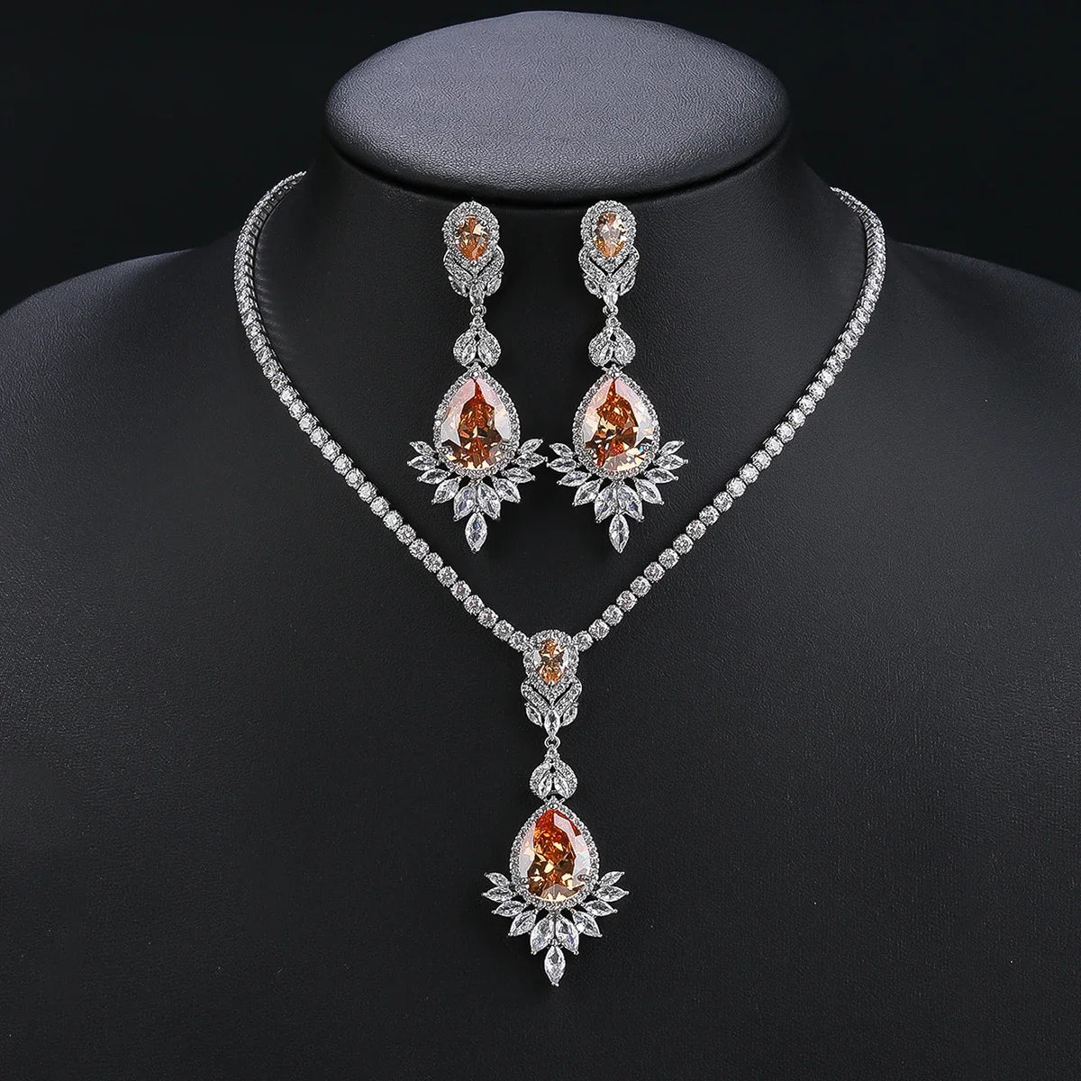 Elegant CZ Cubic Zirconia Water Drop Pendant Necklace & Earrings Set - Bridal Wedding Jewelry for Women - Perfect Gift for Anniversary, Engagement & Special Occasions