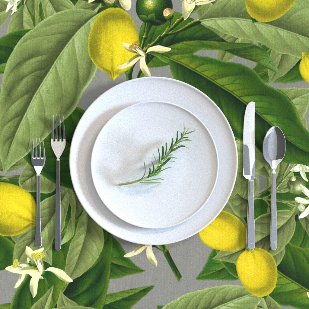 Lemon Botanical Gray Leaves Cotton Sateen Tablecloth 70