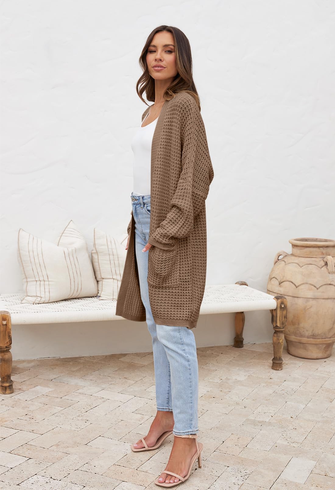 MEROKEETY Women's Oversized Long Batwing Sleeve Cardigan Waffle Knit Sweater Coat - Cozy Fall Winter Layering Piece for Casual Outfits & Lounge Wear