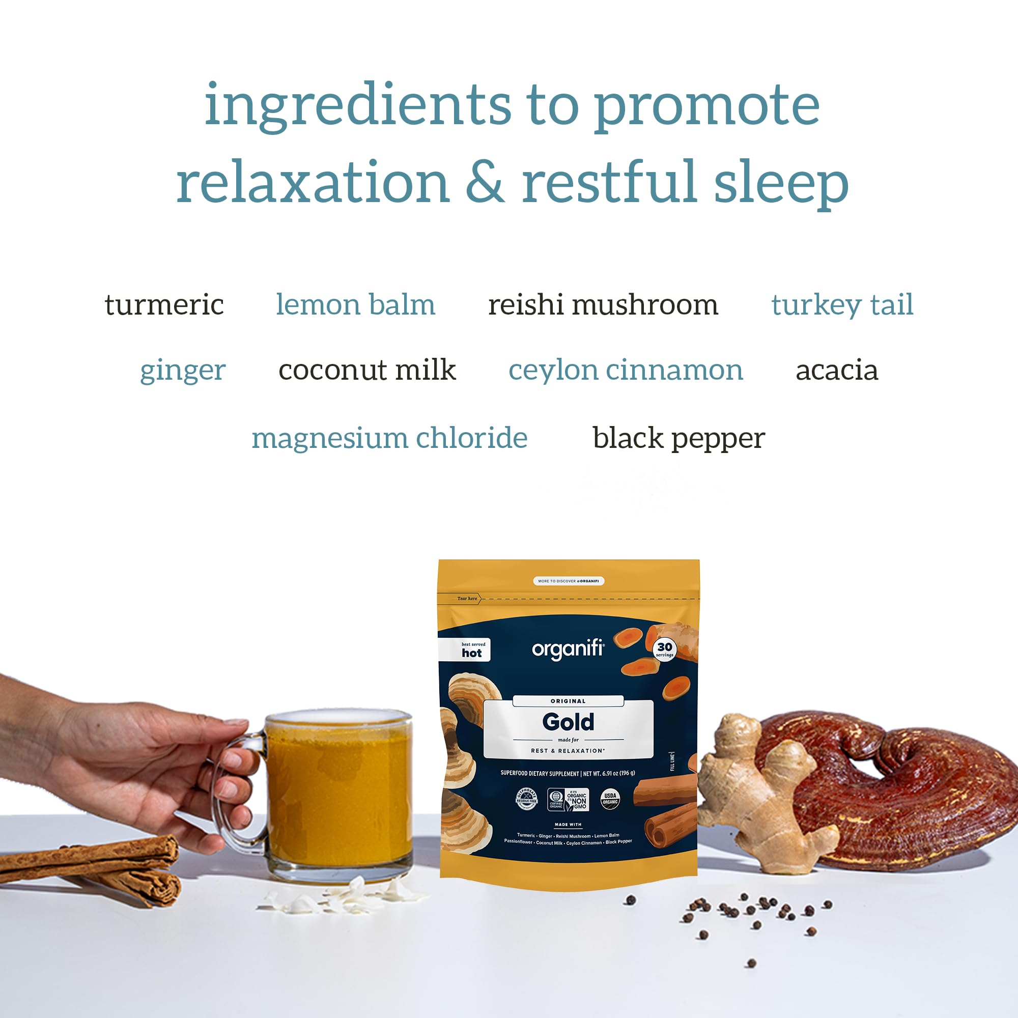 Organifi Gold Superfood Supplement Powder - 90 Servings (3 Pack) - Stress Relief, Better Sleep & Relaxation with Turmeric & Reishi Mushroom - Vegan, Gluten-Free Wellness Drink for Nighttime, Travel & Daily Stress Management