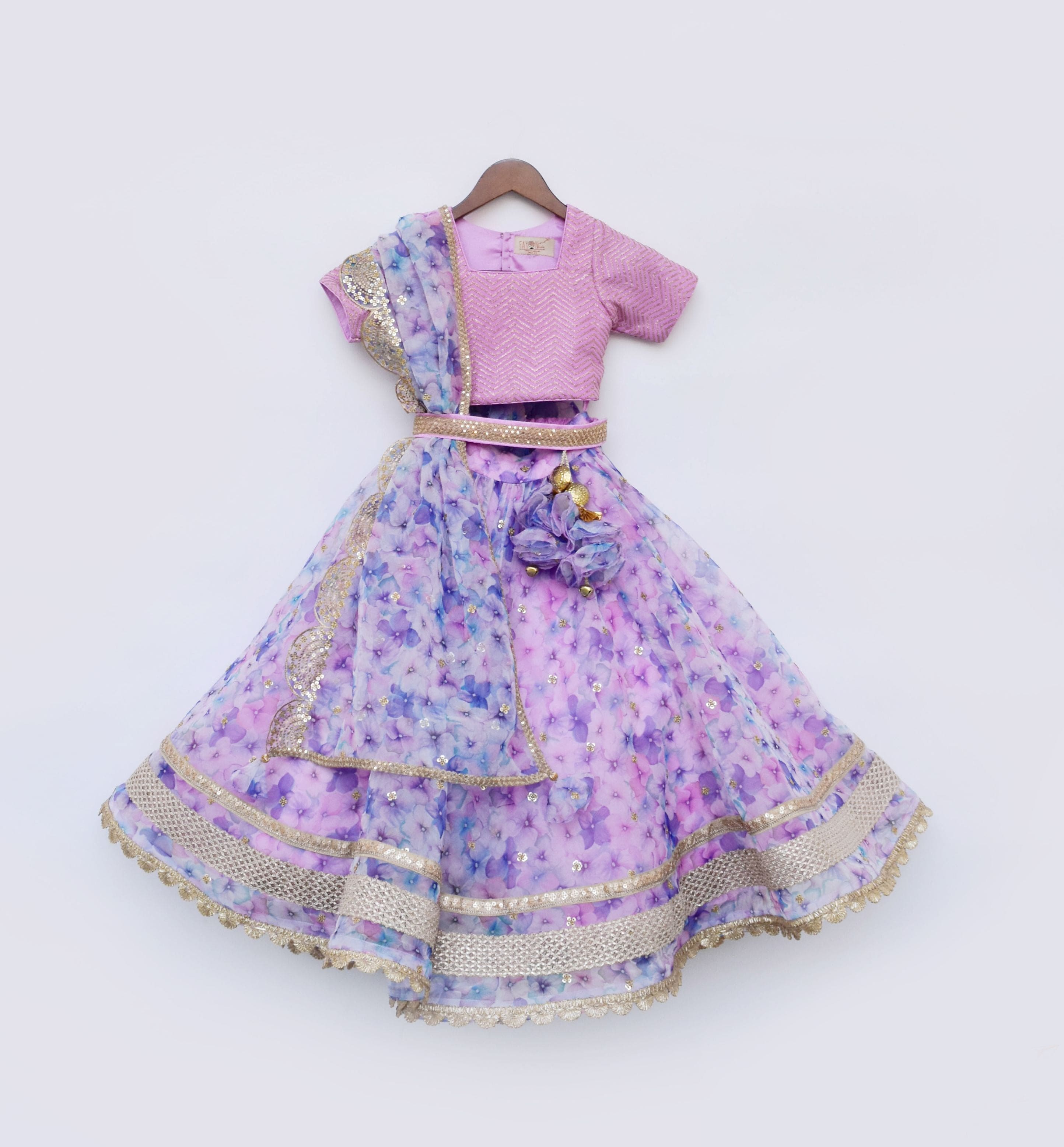Pre Order: Lilac Floral Print Organza Lehenga Choli with Dupatta Set - Perfect for Weddings, Festivals & Special Occasions