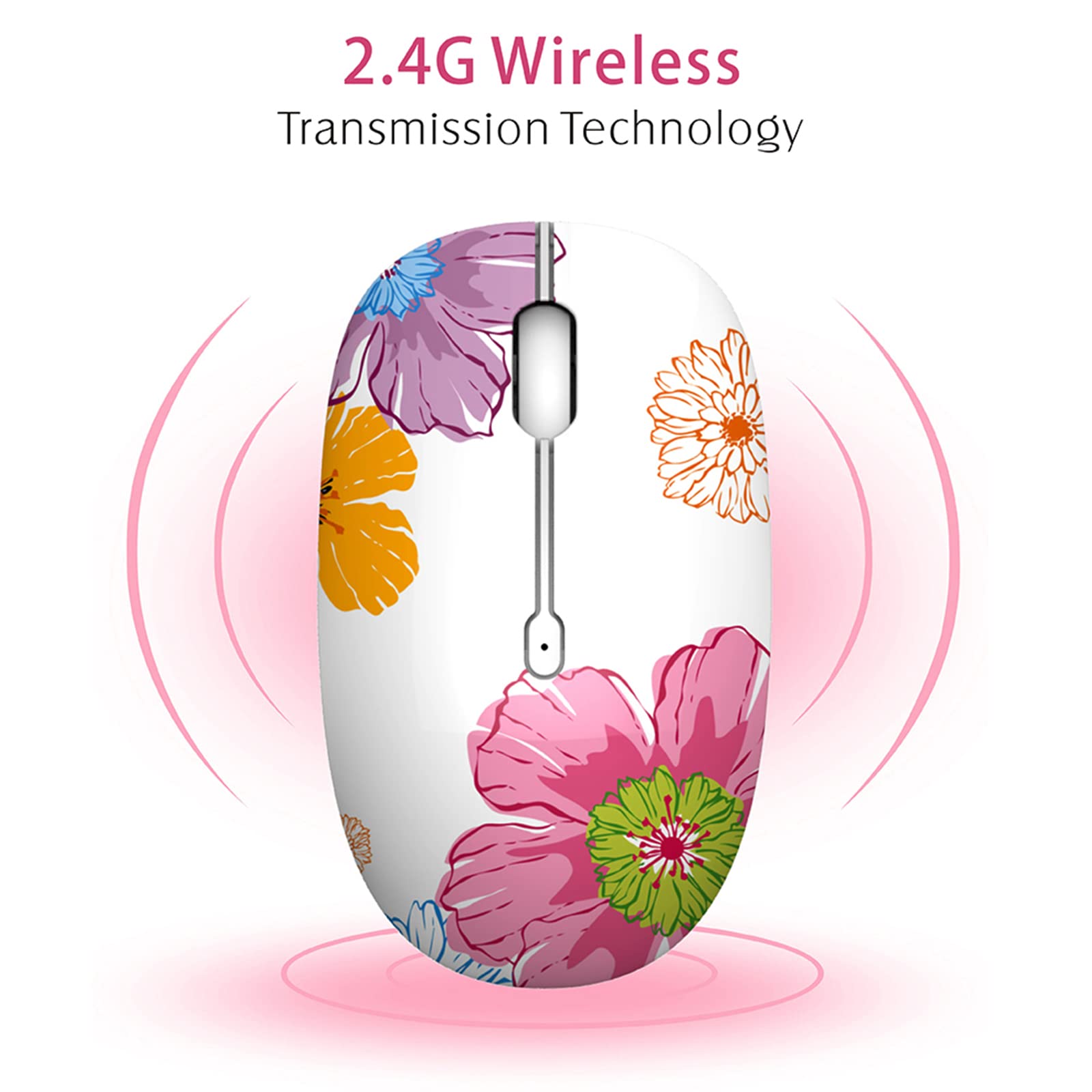 TENMOS M101 Wireless Mouse - Silent Cute 2.4G Optical USB Mouse with 1600 DPI for Laptop, Notebook, PC - Portable Travel Computer Mouse (Flower Design) - Perfect for Office, Home, Gaming & On-the-Go Use