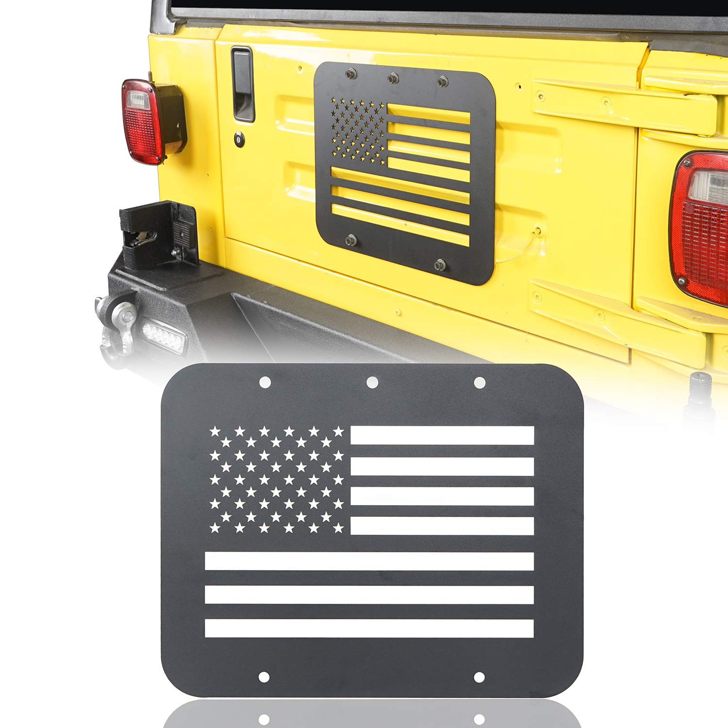 Hooke Road Wrangler Spare Tire Delete Plate with American Flag Design - Tailgate Vent Cover for Jeep Wrangler TJ & YJ (1987-2006) - Off-Road Accessory for Enhanced Rear Visibility & Custom Look