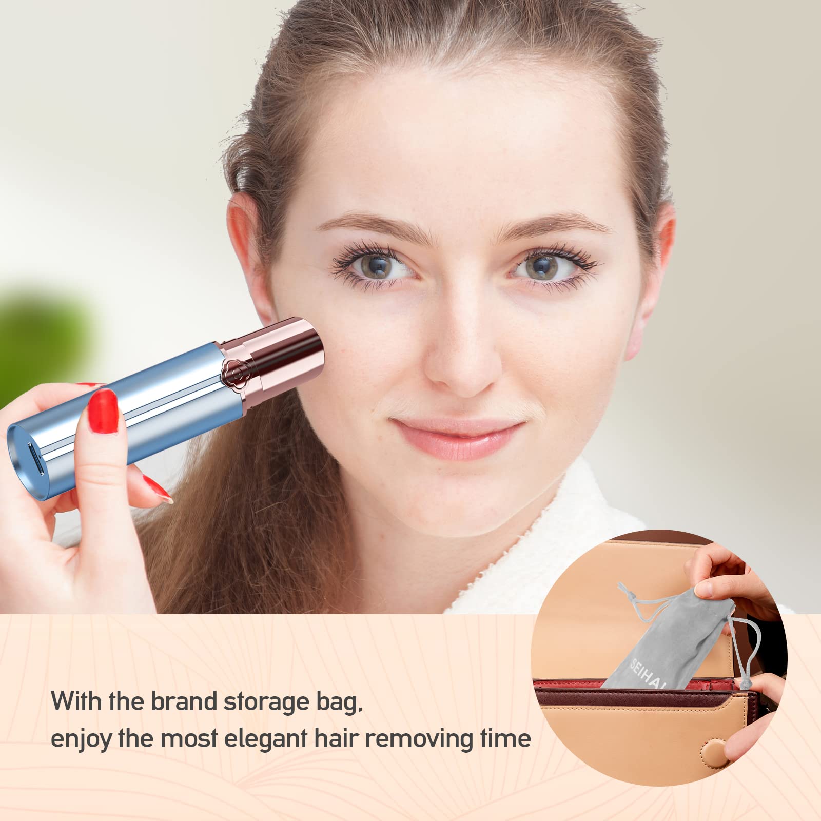 Rechargeable Facial Hair Removal Device for Women - Painless Upper Lip & Chin Hair Shaver with 4 Replacement Heads - Perfect for Travel, Home & Salon Use