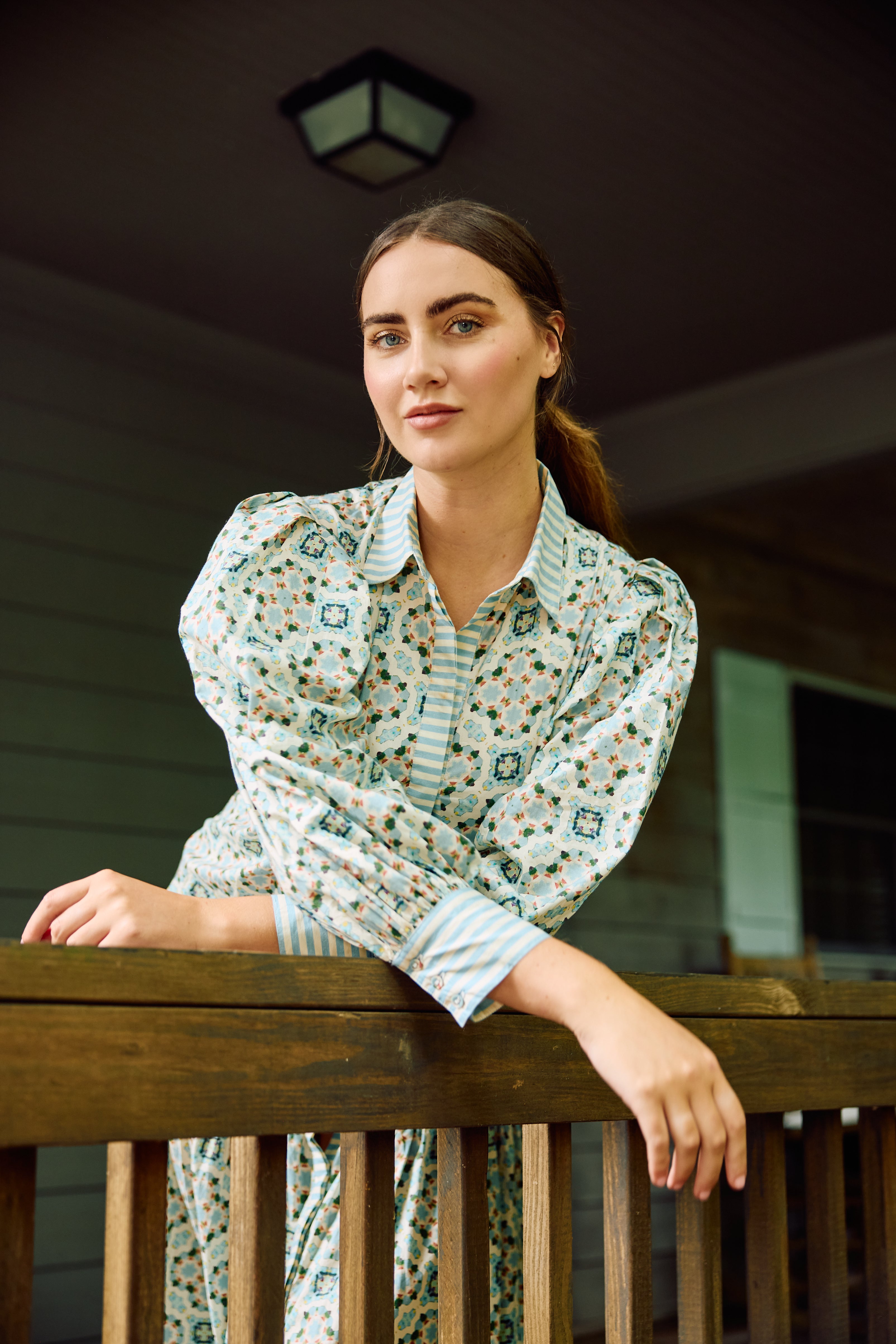 Laura Long Sleeve Quatrefoil Print Dress in Blue & Ivory - Elegant Office Wear & Casual Party Outfit