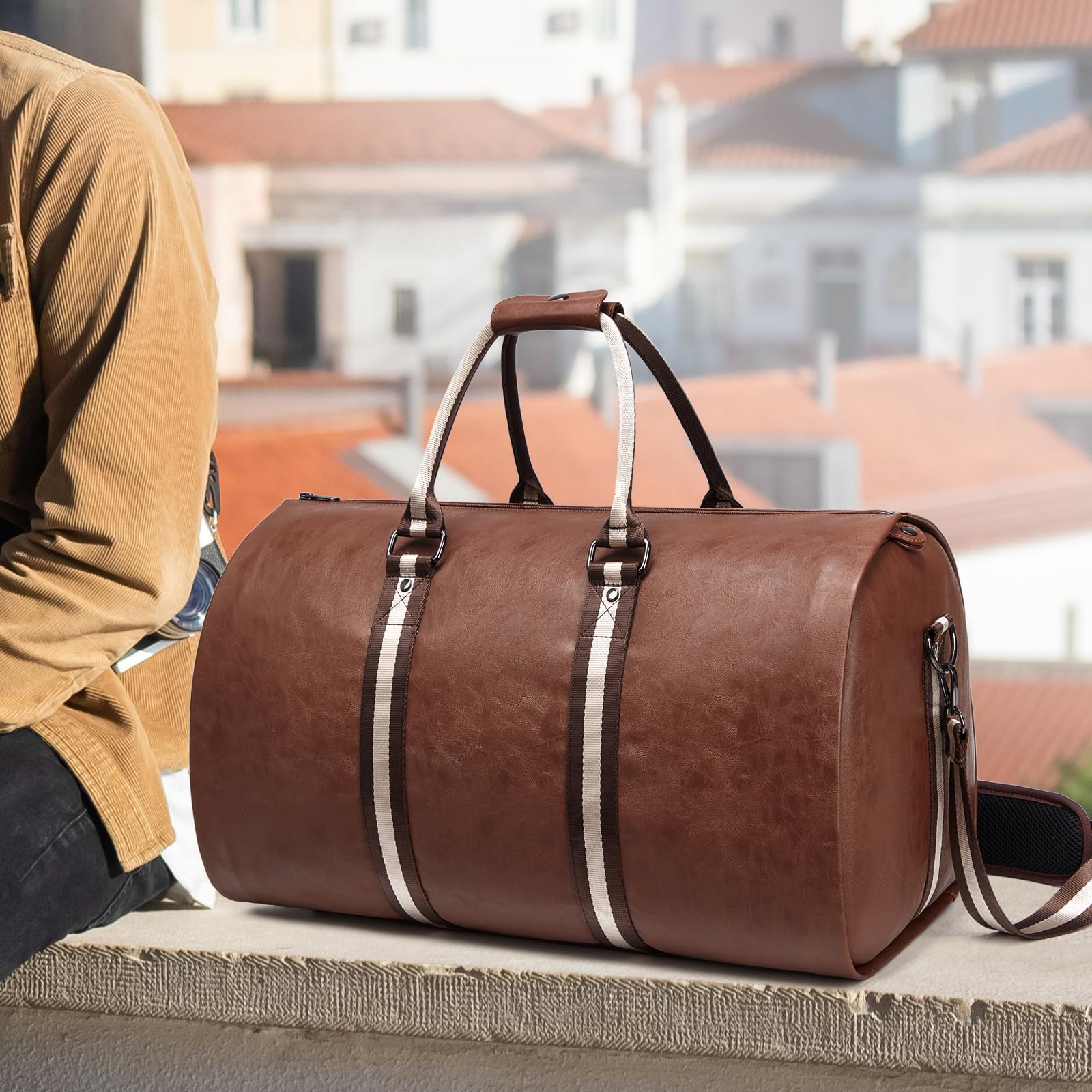 Premium Leather Garment Bag for Travel - Convertible Carry-On Duffel Bag for Men, Waterproof & Foldable 2-in-1 Suitcase with Shoulder Strap & Shoe Compartment | Perfect for Business Trips, Weekend Getaways & Airplane Carry-On Luggage