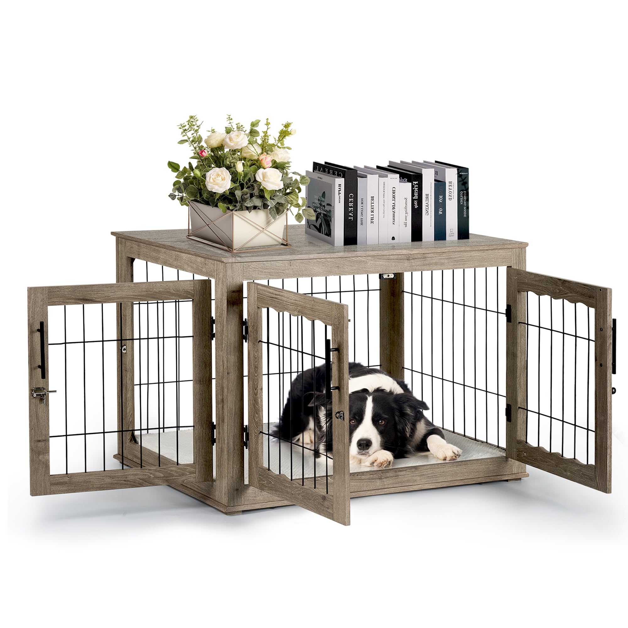 38 Inch Large Wooden Dog Crate Furniture - Heavy Duty Dog Kennel with Removable Bed Pad & 3 Doors - Stylish Greige End Table for Living Room, Bedroom & Office Spaces