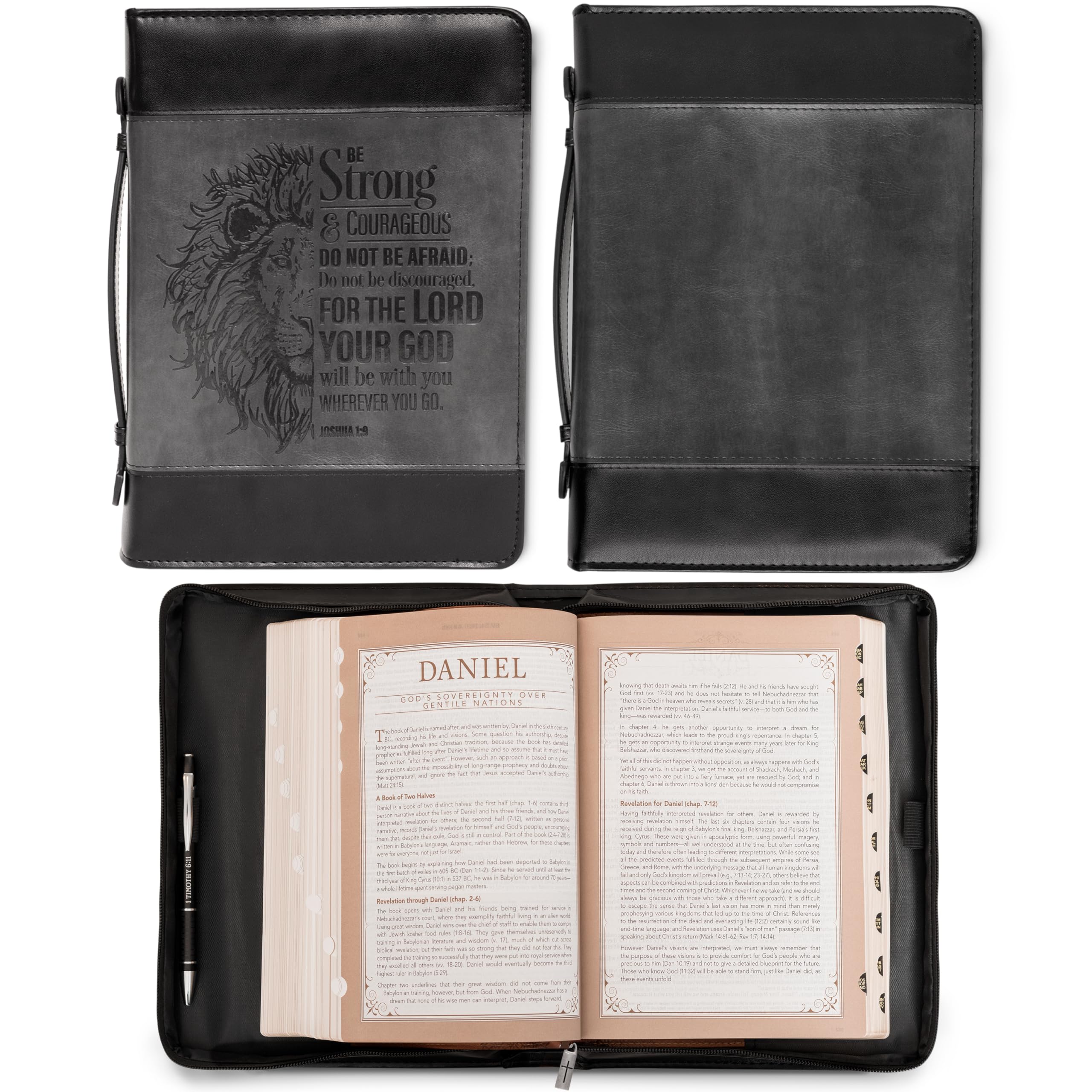 Christian Art Gifts Classic Faux Leather Bible Cover for Men & Women - Be Strong & Courageous Joshua 1:9 Inspirational Verse with Lion Design (Gray/Black, Large Size) - Perfect for Church, Bible Study & Daily Devotion