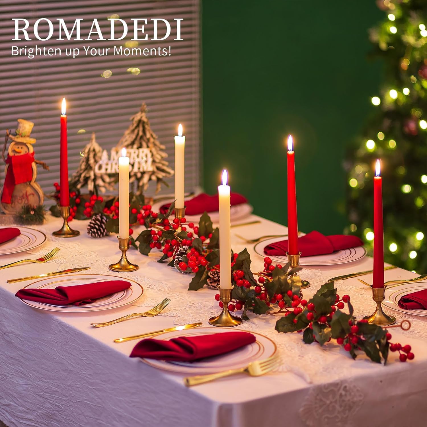 Romadedi 6-Piece Gold Brass Candlestick Holders for Taper Candles - Elegant Table Centerpiece for Weddings, Christmas Mantel Decor, and Home Decoration | Perfect for Dining Tables, Fireplace Displays & Holiday Celebrations