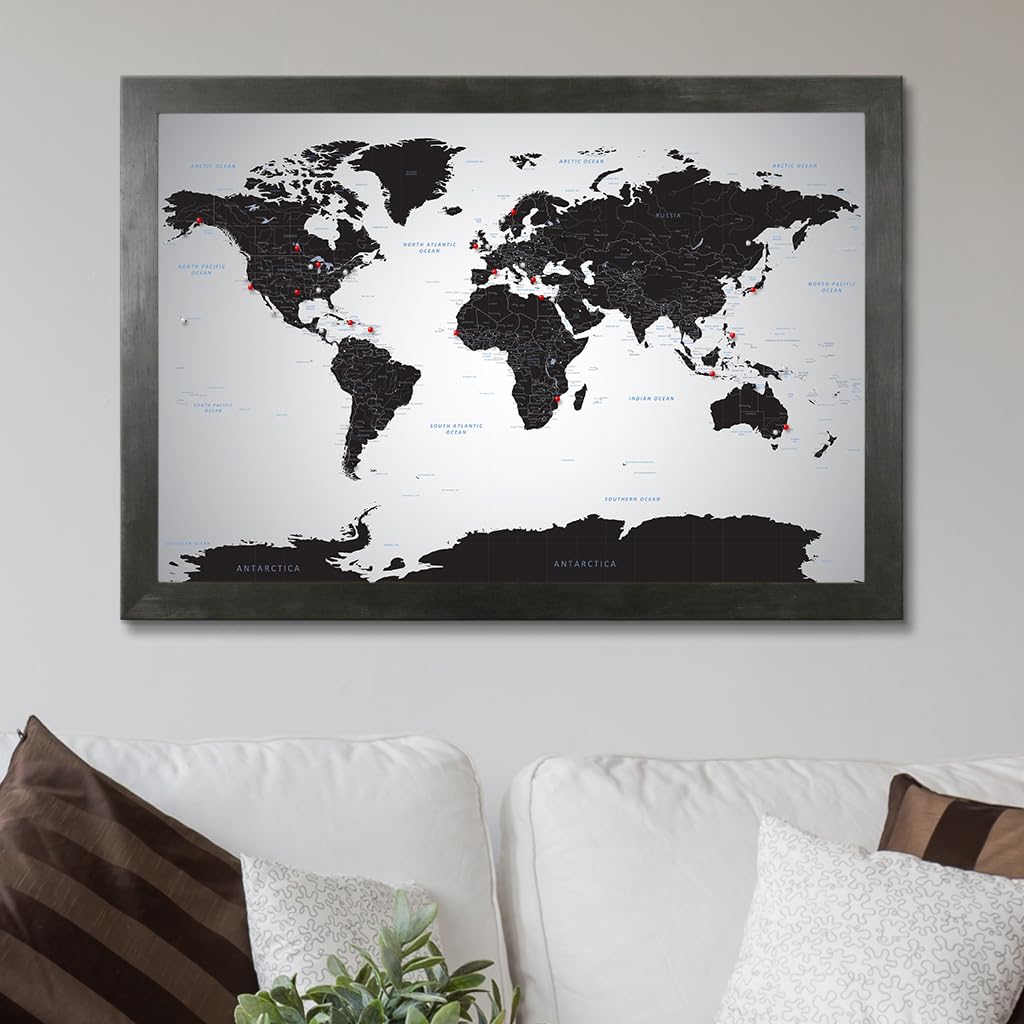 Push Pin Travel Map - Black Ice World - Rustic Black Framed Pin Board for Tracking Adventures - 27.5