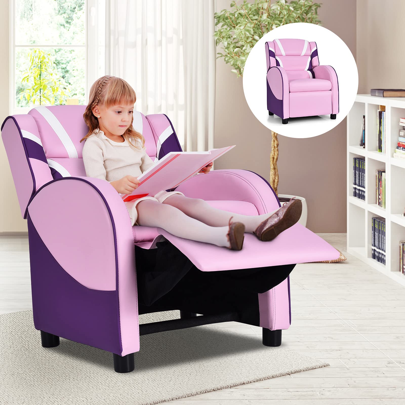 ARLIME Kids Recliner Chair - Adjustable PU Leather Lounge Chair with Footrest, Armrests & Lumbar Support - Comfortable Toddler Sofa for Boys & Girls (Pink) - Perfect for Reading, Gaming & Relaxing in Bedroom or Playroom
