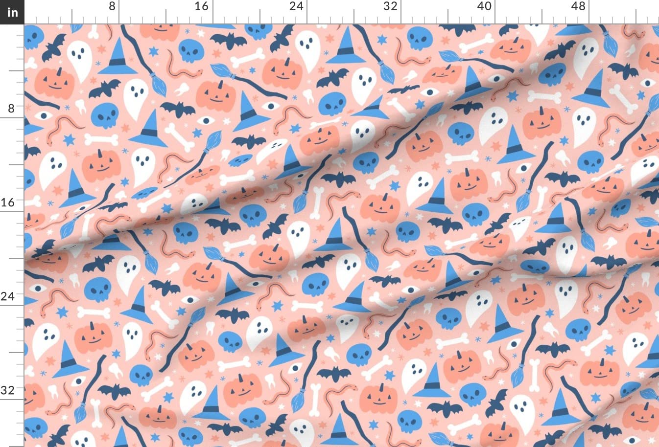 Pastel Pumpkins Skulls Witch Pink Skull Bones Halloween Printed Satin Fabric - Fat Quarter for Sewing, Apparel, Fashion, Blankets & Home Decor | Perfect for Halloween Costumes, Quilting & DIY Craft Projects