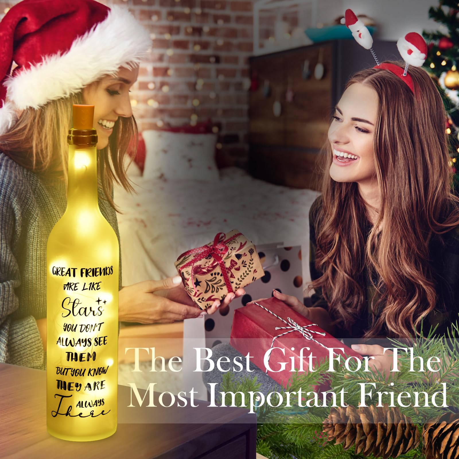 Christmas Lamp - USB Powered Wine Bottle Light Decor, Friendship Theme Gift for Women, Best Friend Birthday Idea with Keychain, Perfect for Home, Office, and Party Decorations