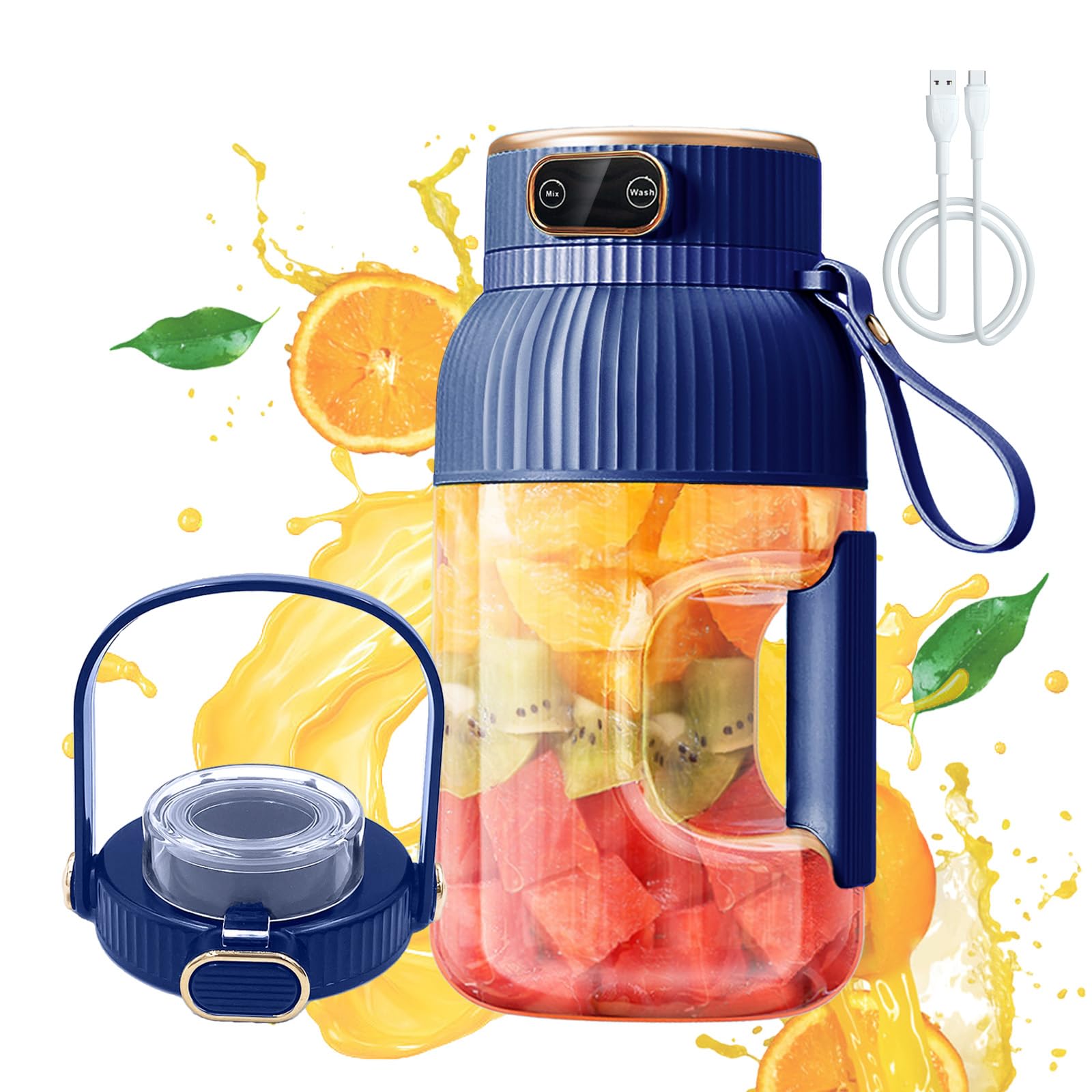 USB Rechargeable Portable Juicer Blender with Digital Display - 40.6oz Multifunctional Personal Juicer Cup, Double Lids (Blue) - Perfect for Smoothies, Protein Shakes & Fresh Juices at Home, Gym or Travel