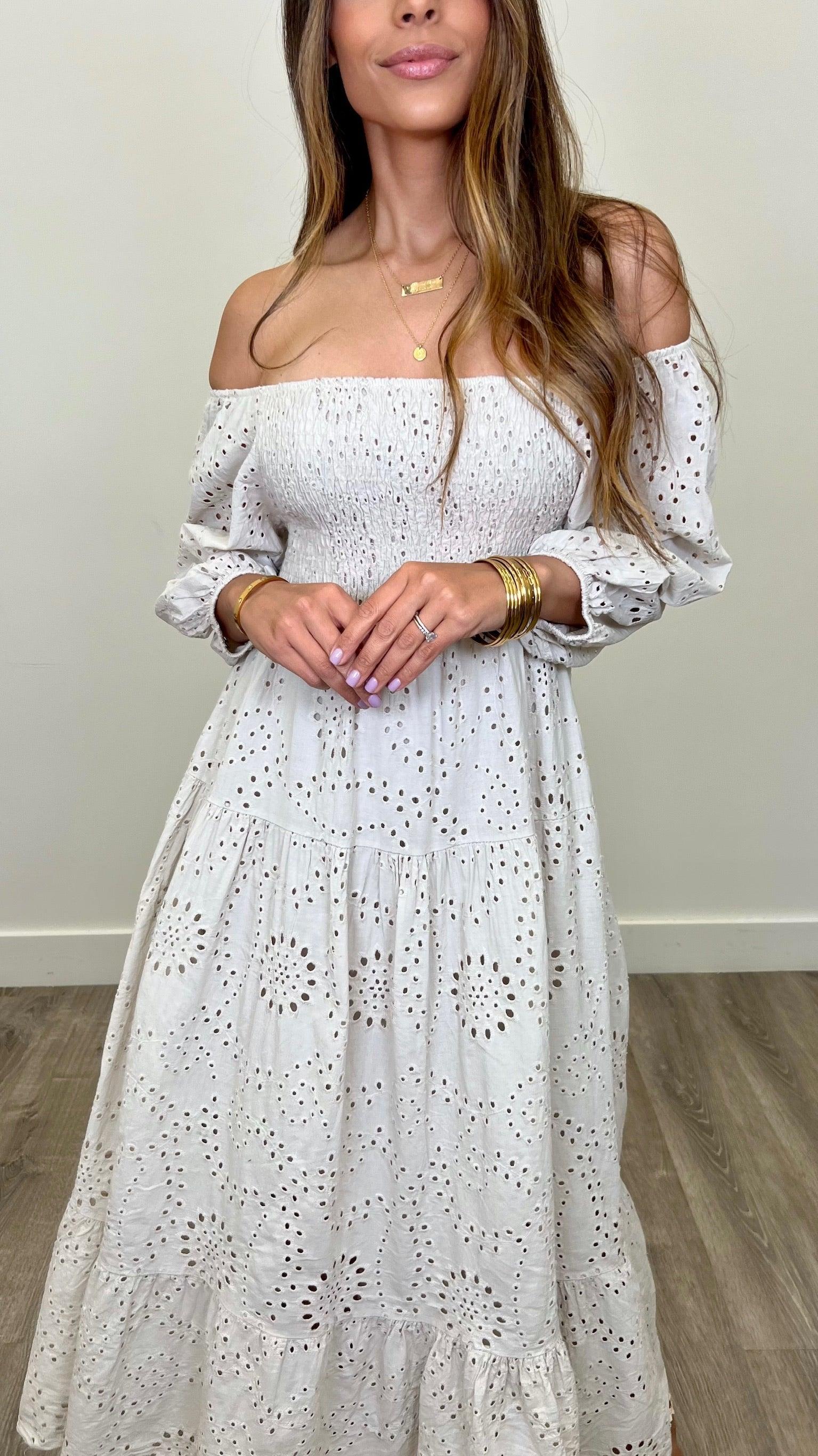 Isabella Floral Eyelet Maxi Dress - Women's Summer Boho Beach Dress for Vacation, Wedding & Outdoor Parties