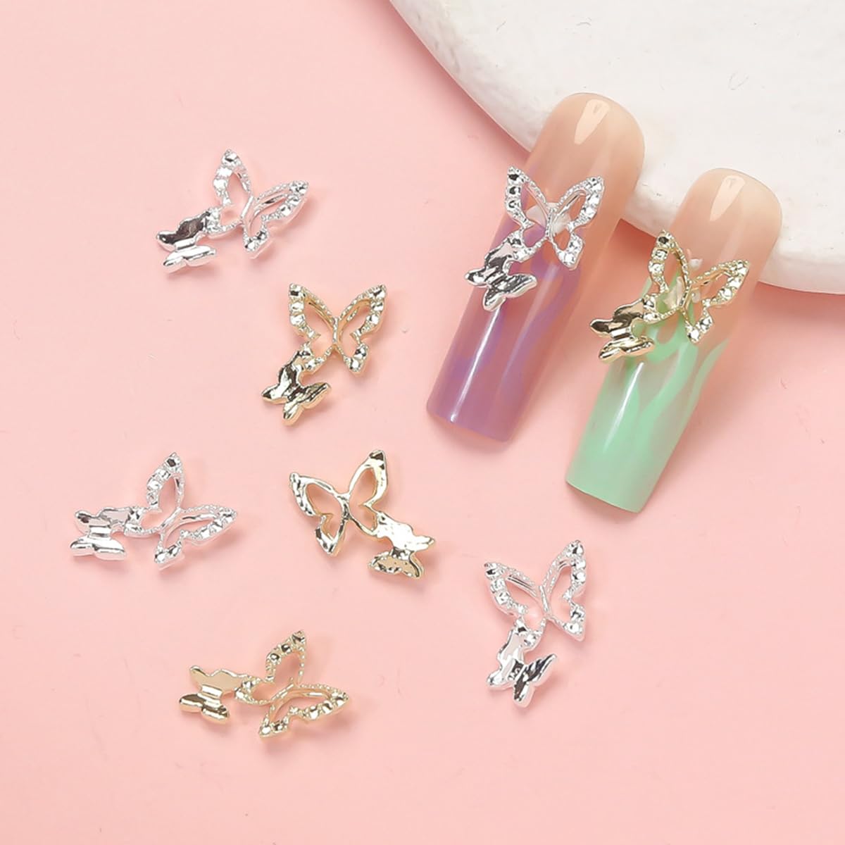 20Pcs 3D Alloy Butterfly Nail Charms - Shiny Gold & Silver Metal Crystal Rhinestones for Acrylic Nails, DIY Nail Art Decorations - Perfect for Bridal, Party, and Festival Nail Designs