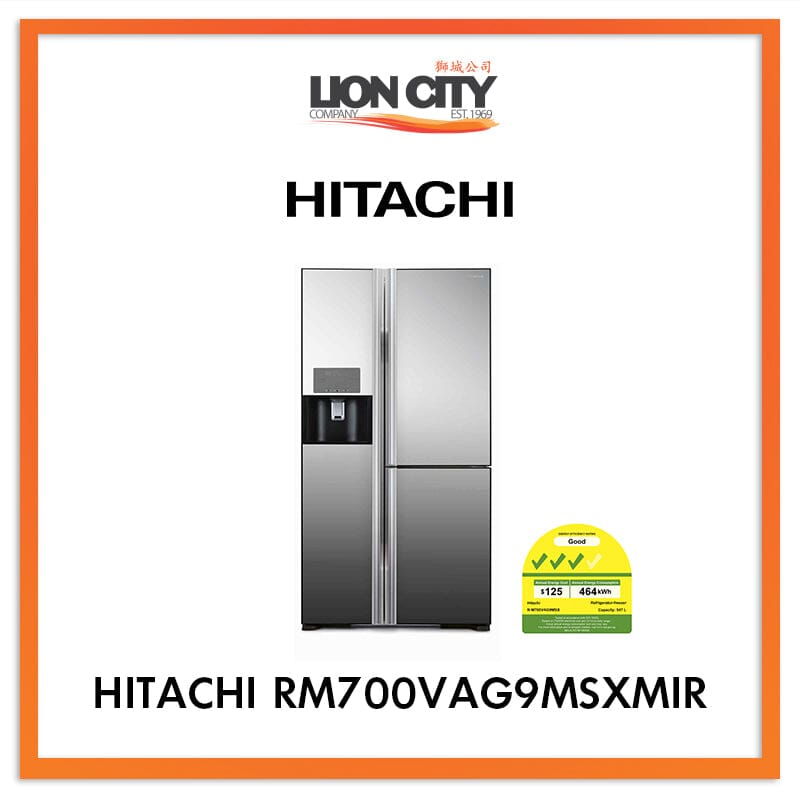 Hitachi 547L 3-Door Side by Side Refrigerator RM700VAG9MSXMIR - Energy Efficient Stainless Steel Fridge for Large Kitchen & Family Use