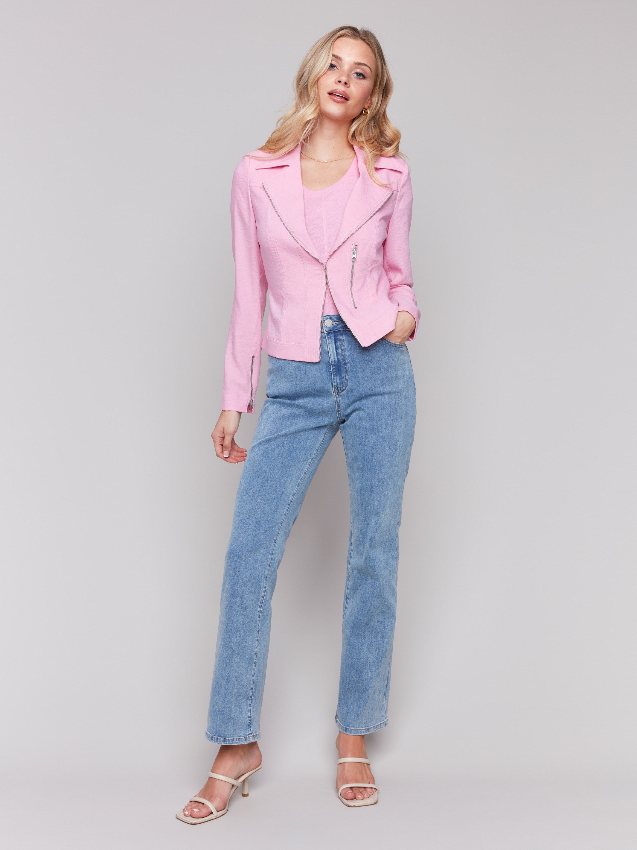 Stylish Crinkle Rayon Biker Jacket in Begonia Pink | Trendy Women's Motorcycle Outerwear for Casual & Night Out